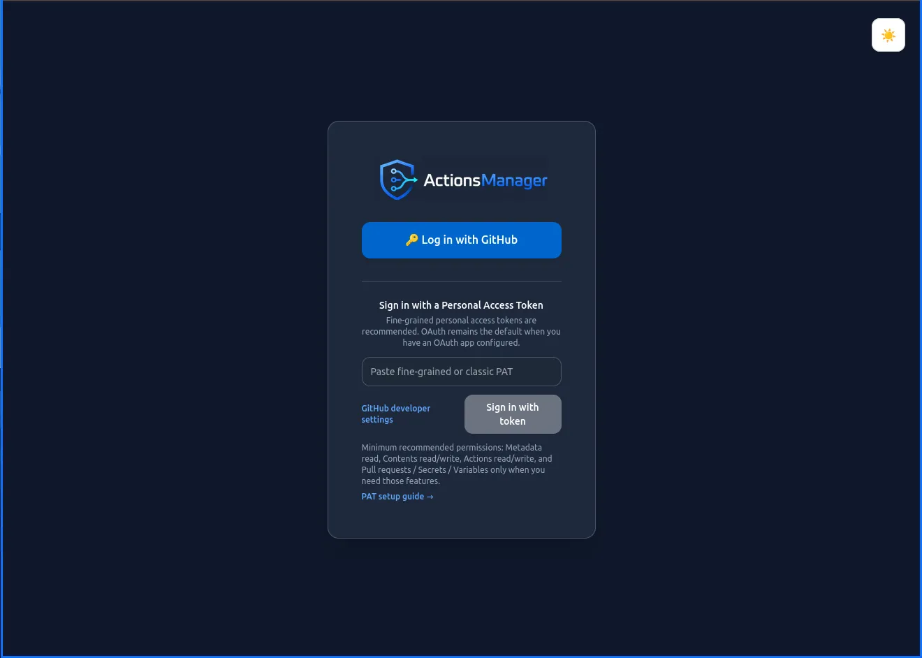 The ActionsManager sign-in screen, offering GitHub OAuth or a personal access token.