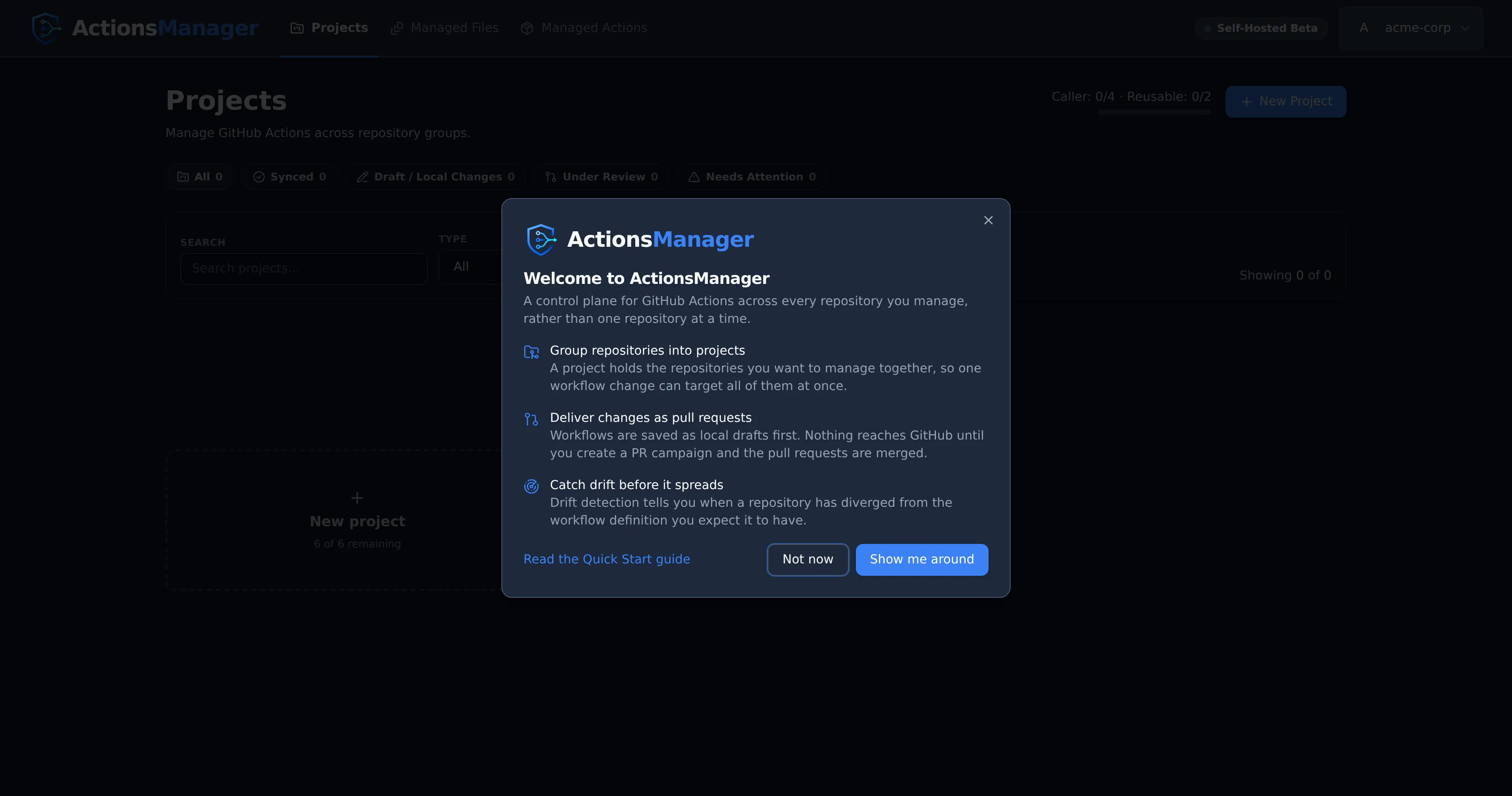 First-login welcome screen introducing ActionsManager, with Not now and Show me around buttons