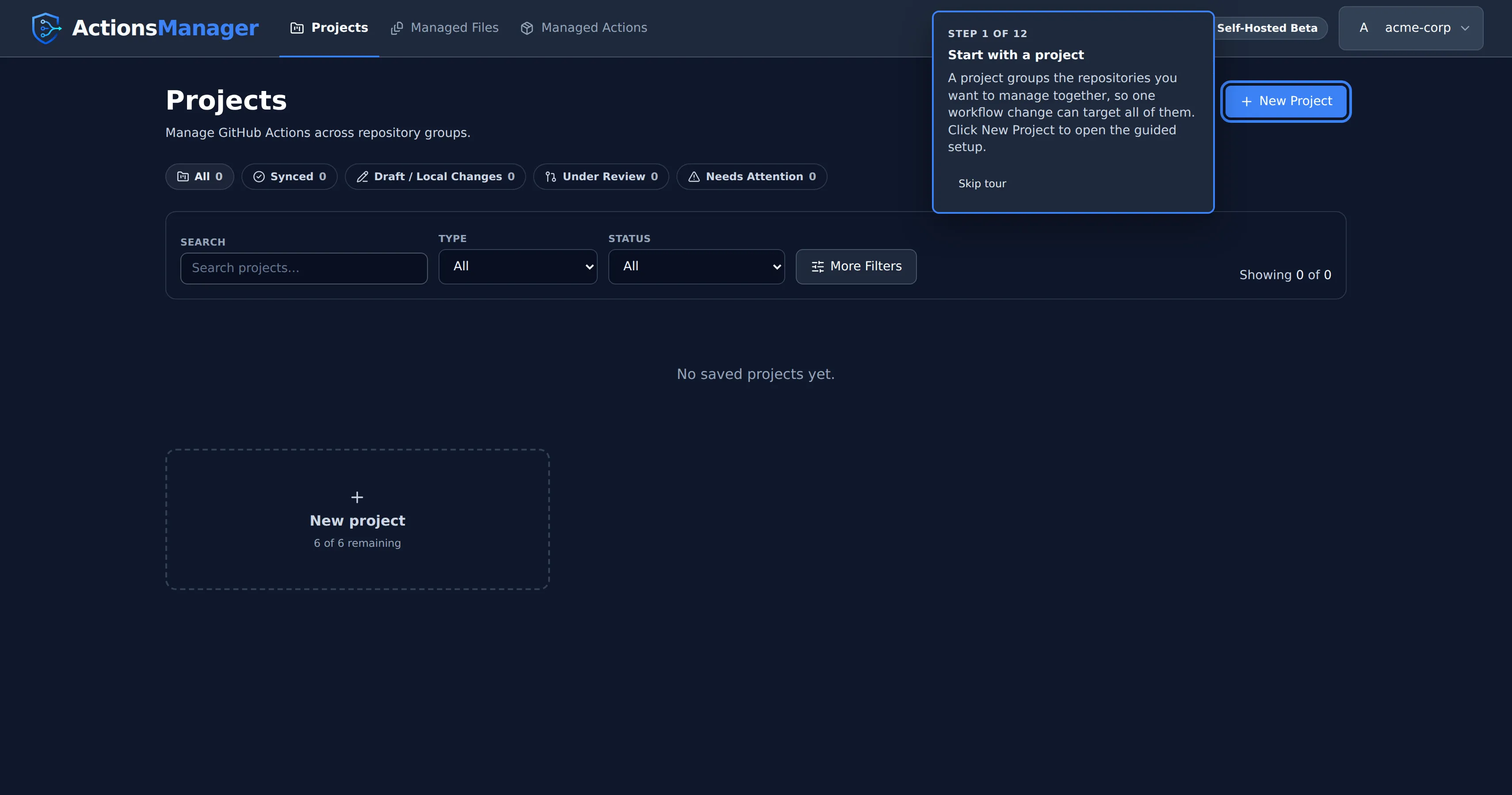 Guided tour highlighting the New Project button with an explanation beside it