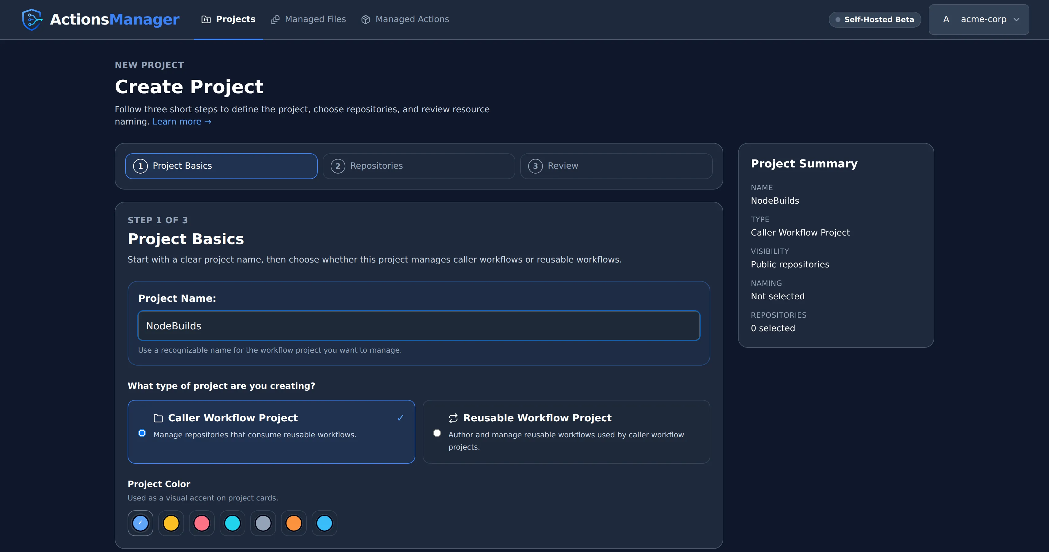 Create Project — Project Basics showing project name field, Caller Workflow Project vs Reusable Workflow Project selection, and color picker