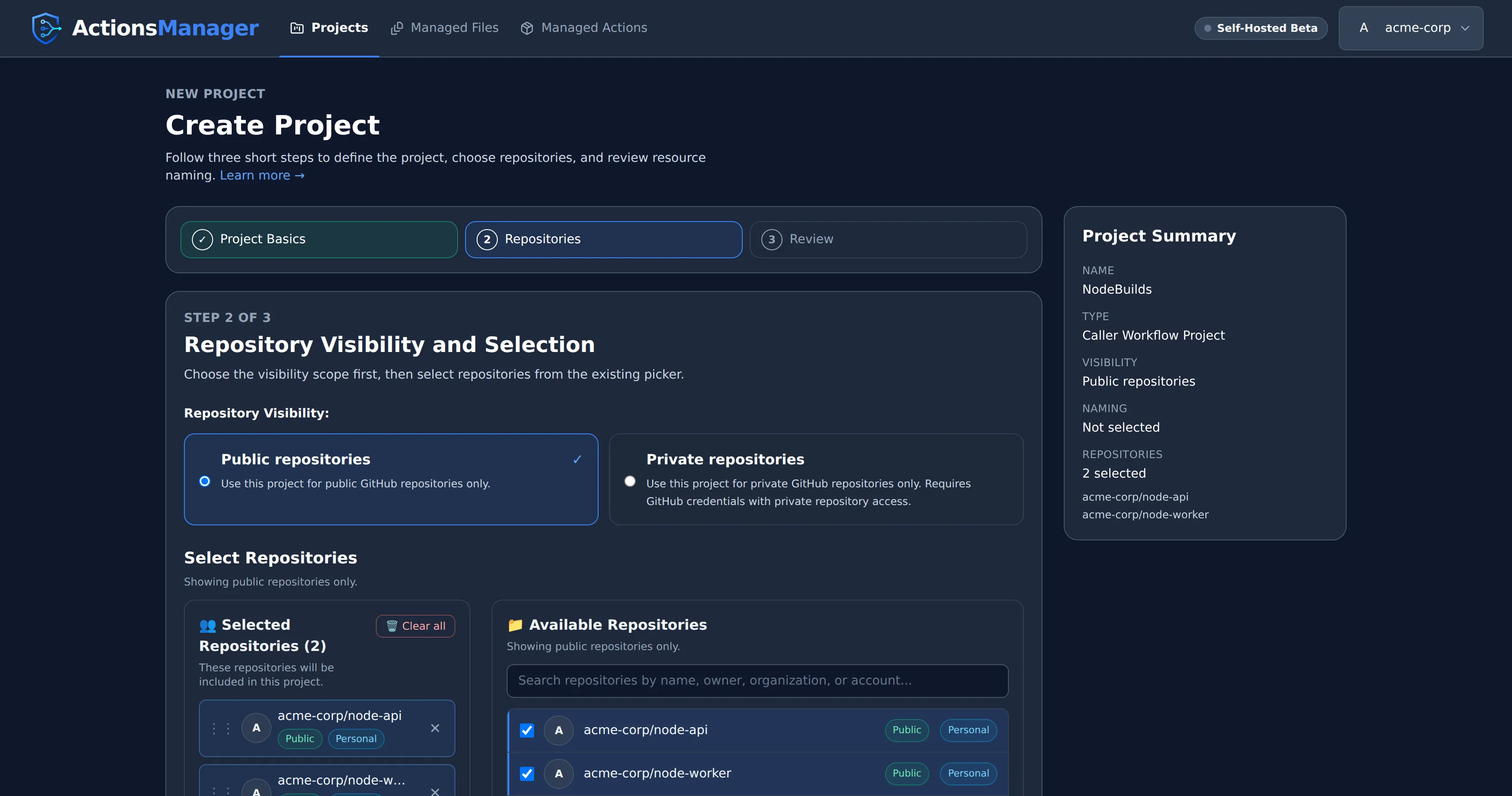 Create Project — Repository Visibility and Selection showing public/private toggle, repository selection list, and selected repository summary