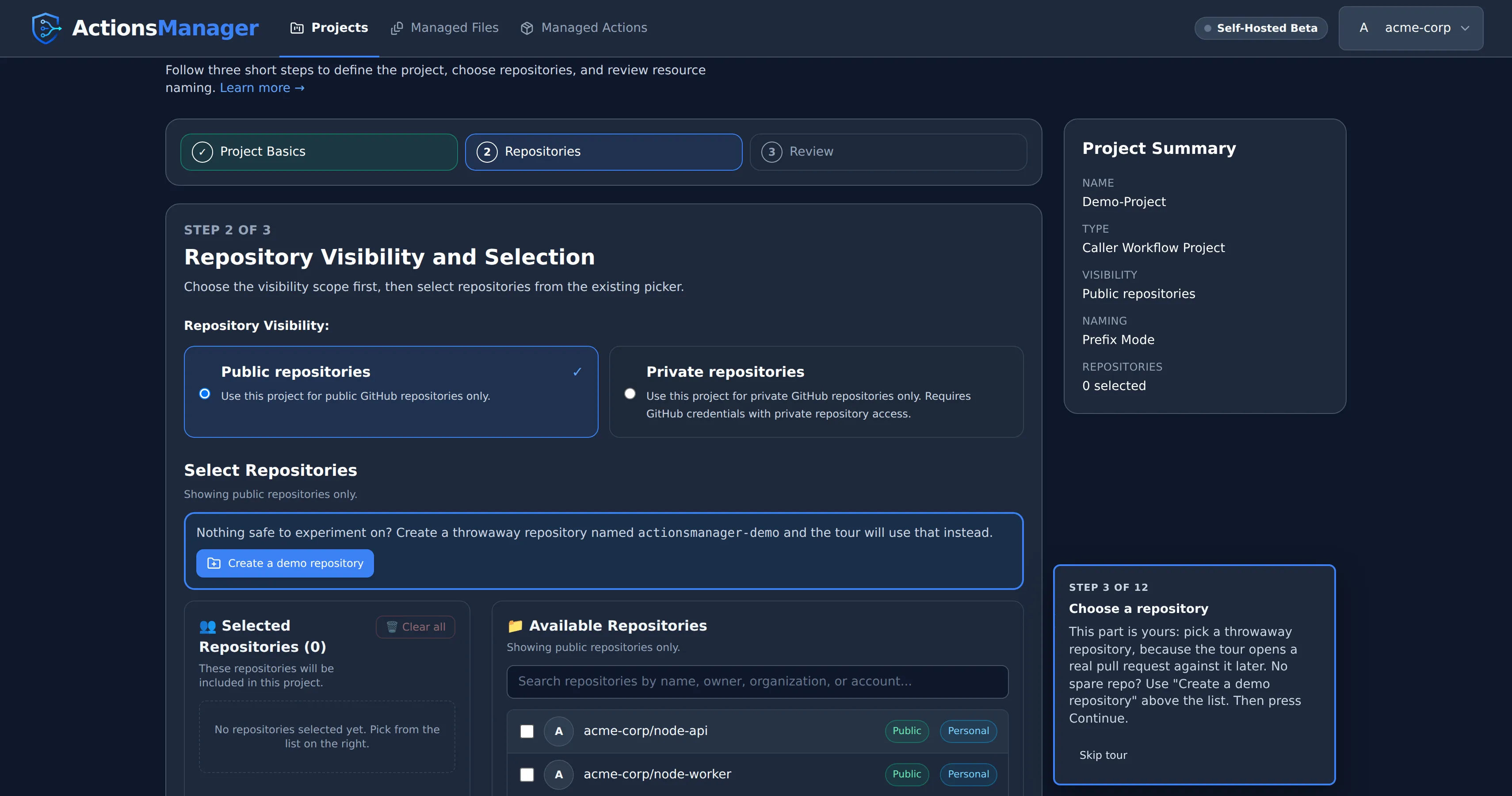 Repository step with the Create a demo repository option above the repository list