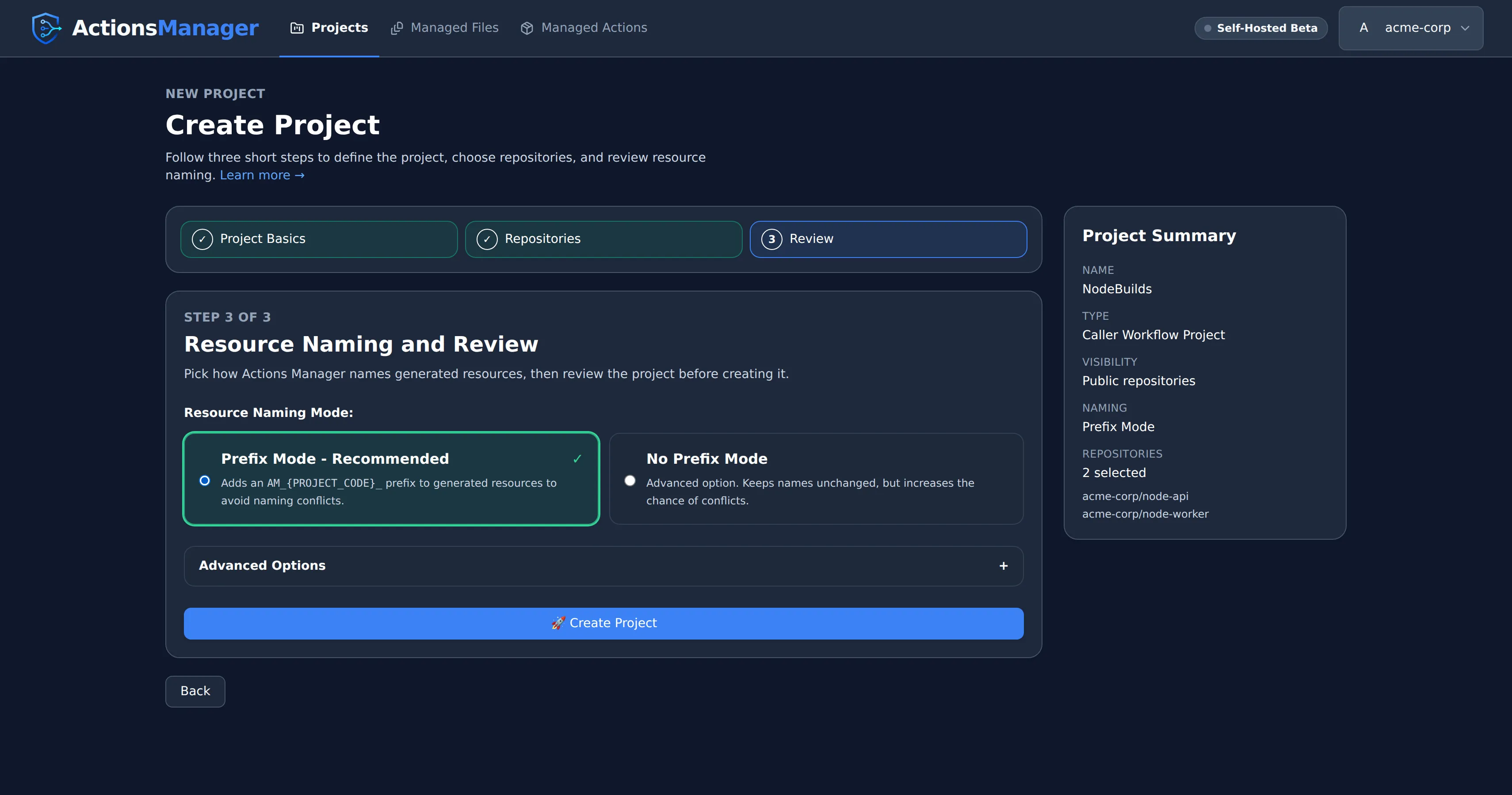 Create Project — Resource Naming and Review showing Prefix Mode vs No Prefix Mode toggle and final project summary
