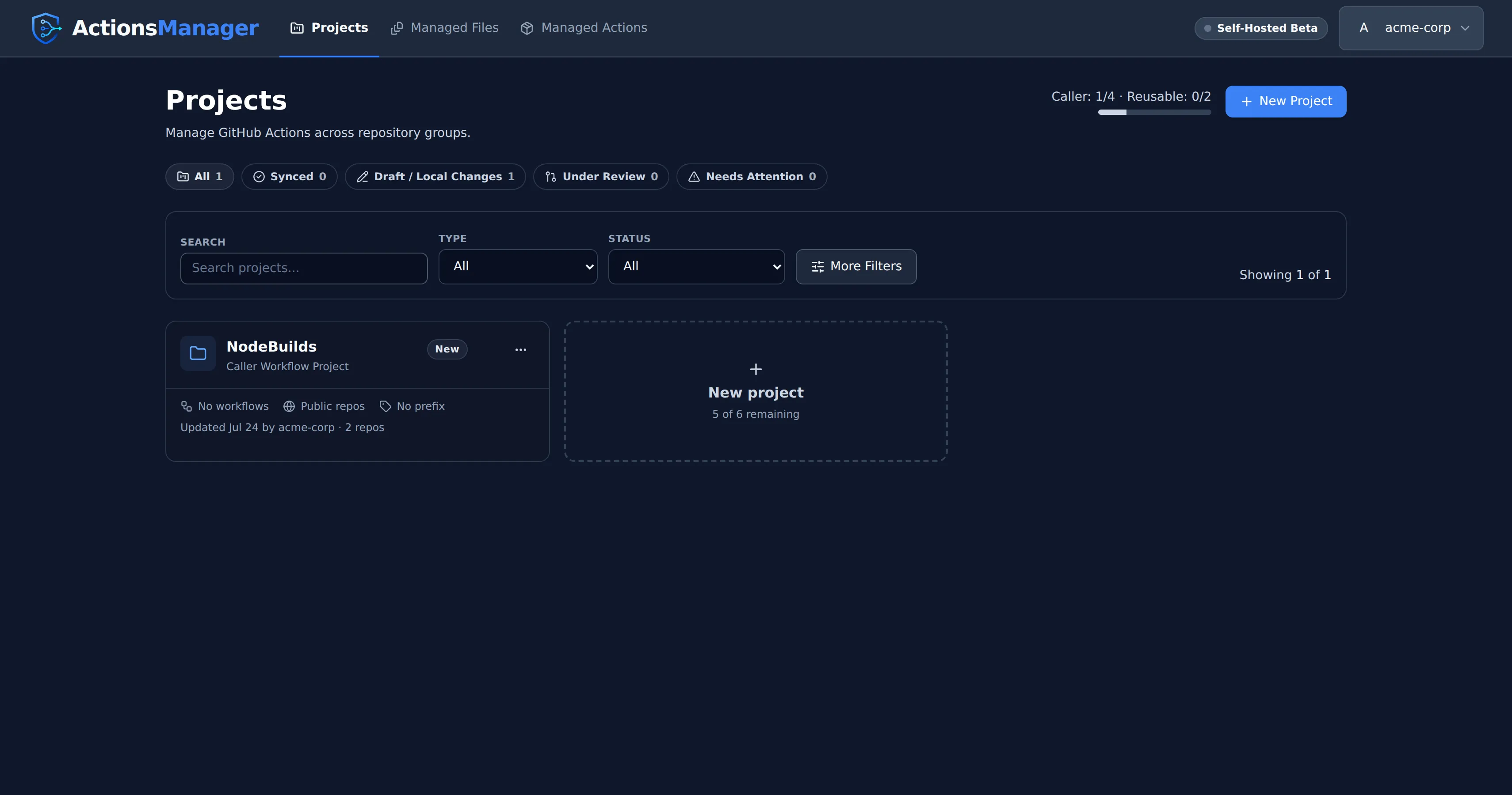 The Projects page: a project card showing its type, status, workflow count, repository visibility and naming mode, followed by a dashed New project box