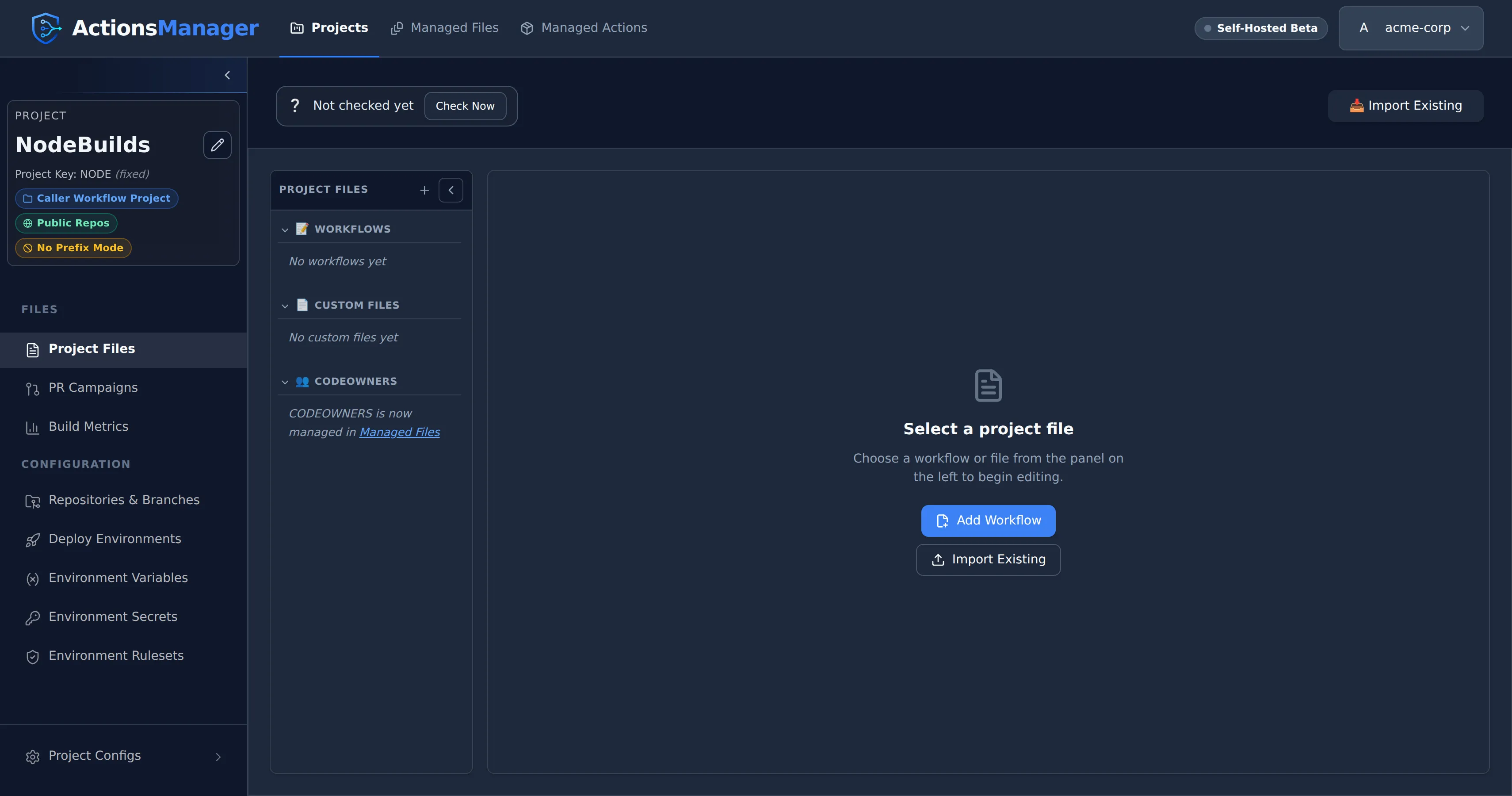 Project workspace under the app header, showing the project sidebar and the empty workflow state