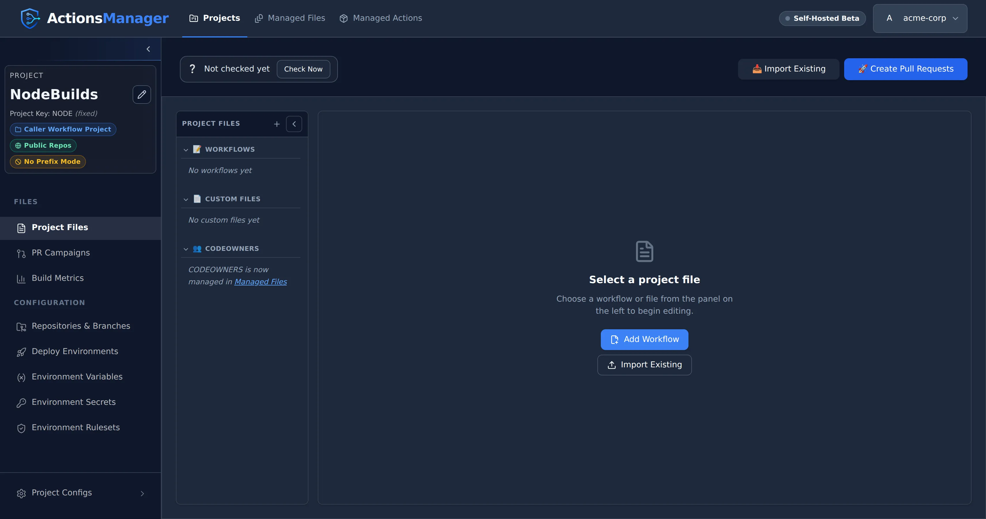 Project workspace showing the Import Existing, Create Pull Requests, and Add Workflow action buttons