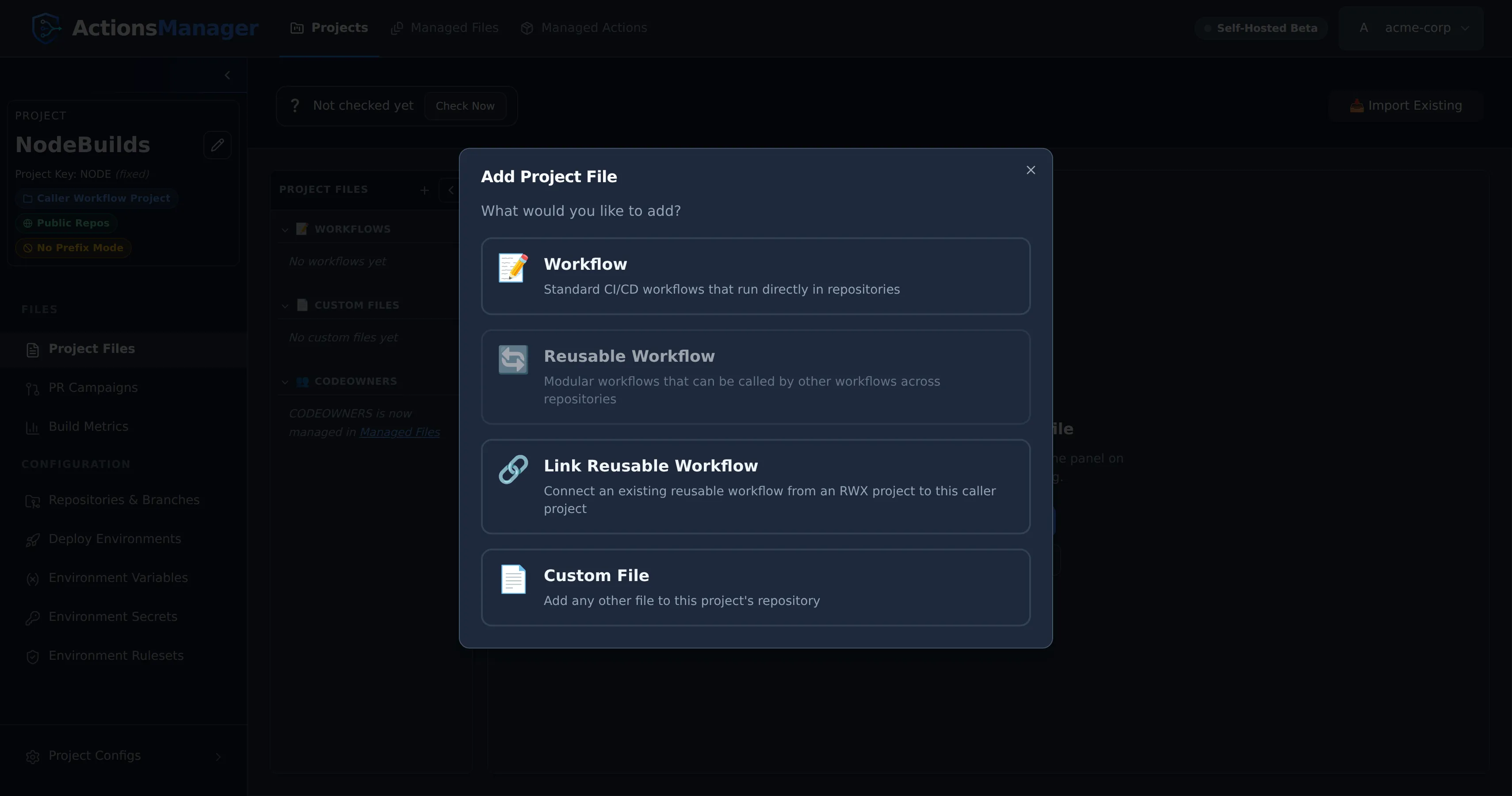Add Project File dialog offering Workflow, Reusable Workflow, Link Reusable Workflow and Custom File