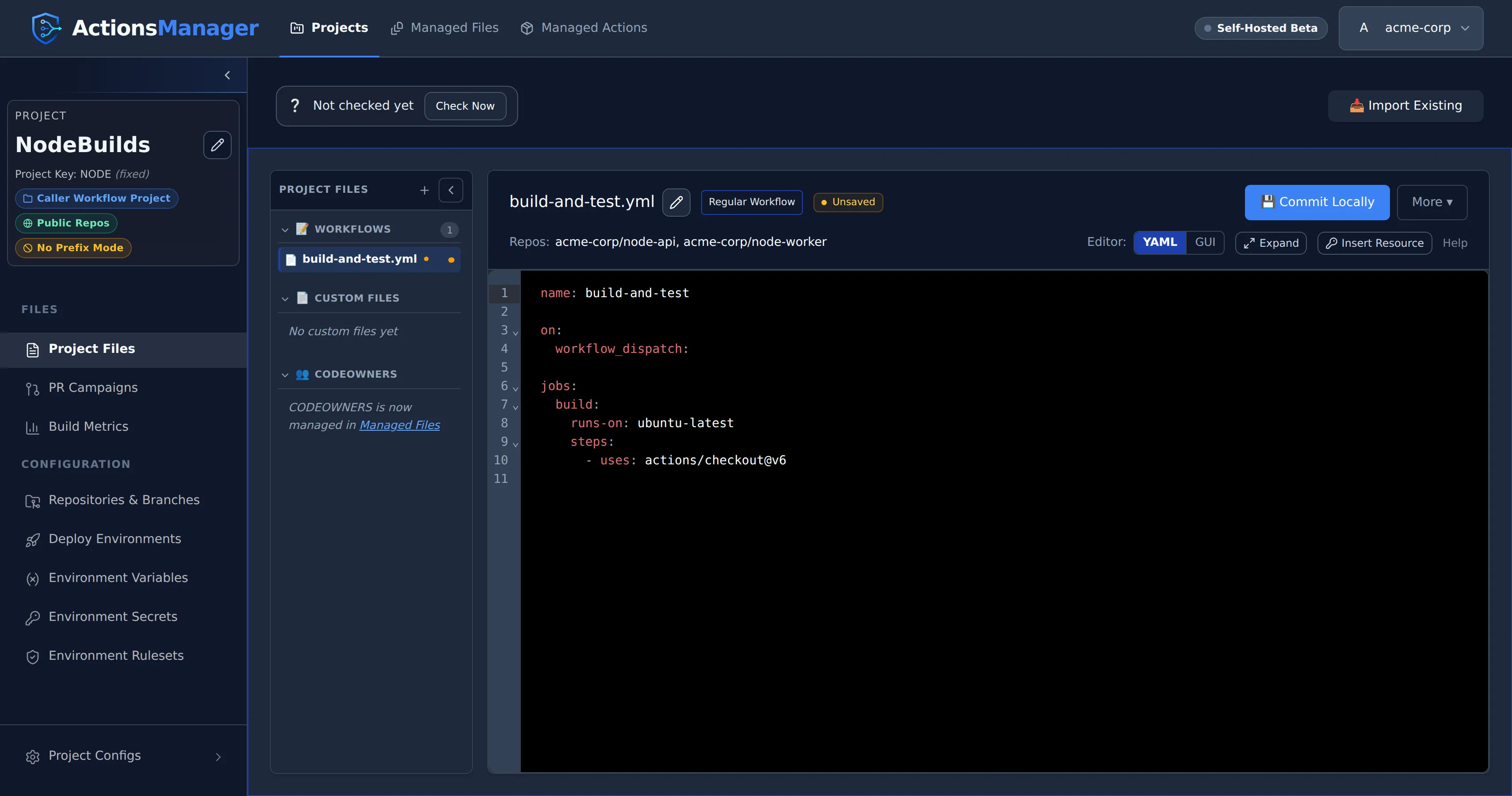 Workflow editor showing the generated prefix workflow filename, selected repository, YAML editor, Unsaved state indicator, and Commit Locally button