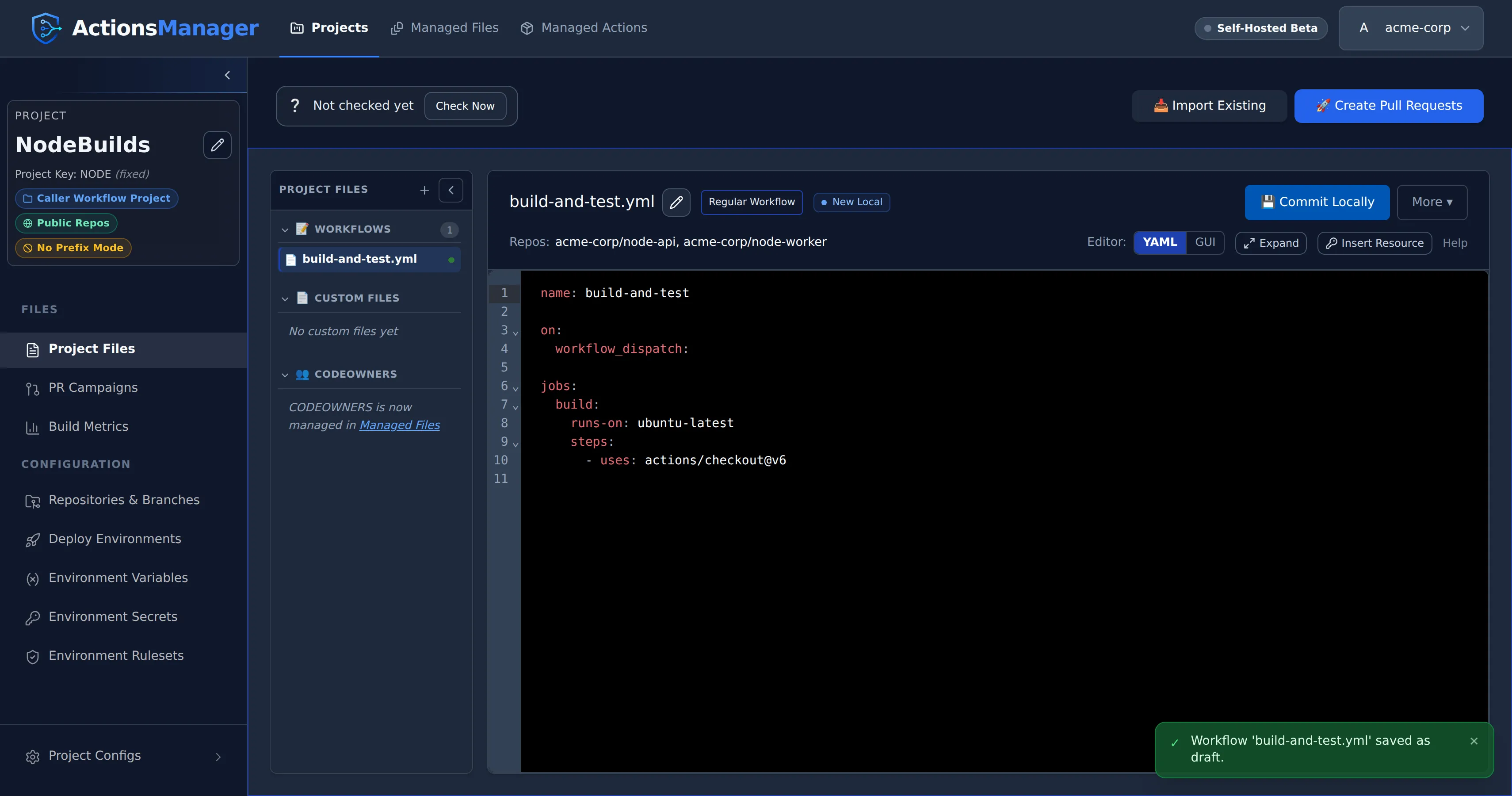 Workflow editor showing the New Local status badge and a toast notification confirming the workflow was saved as a local draft