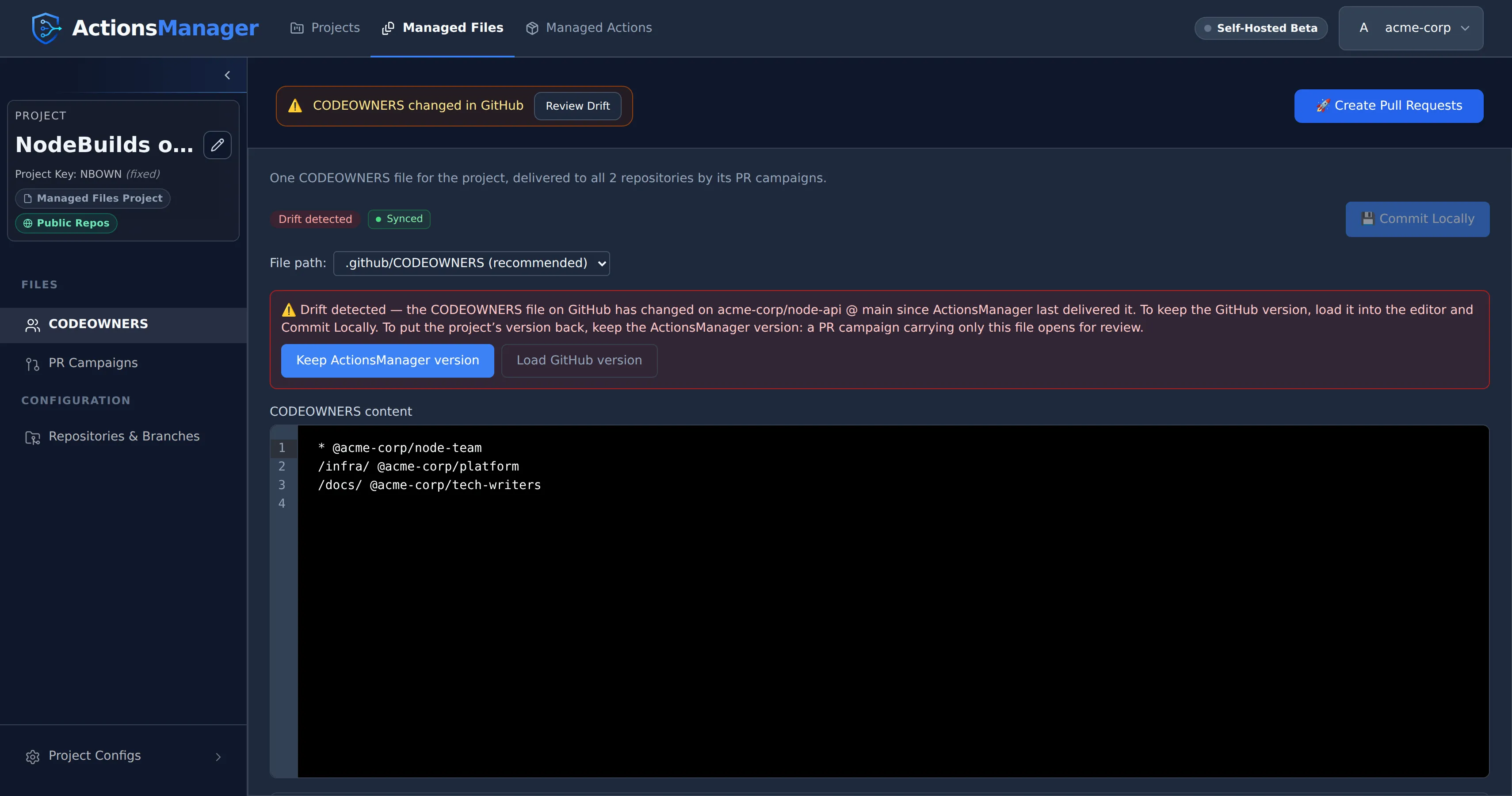 CODEOWNERS editor showing a “Drift detected” badge next to “Synced”, and a banner reading “the CODEOWNERS file on GitHub has changed on acme-corp/node-api @ main since ActionsManager last delivered it” with Keep ActionsManager version and Load GitHub version buttons