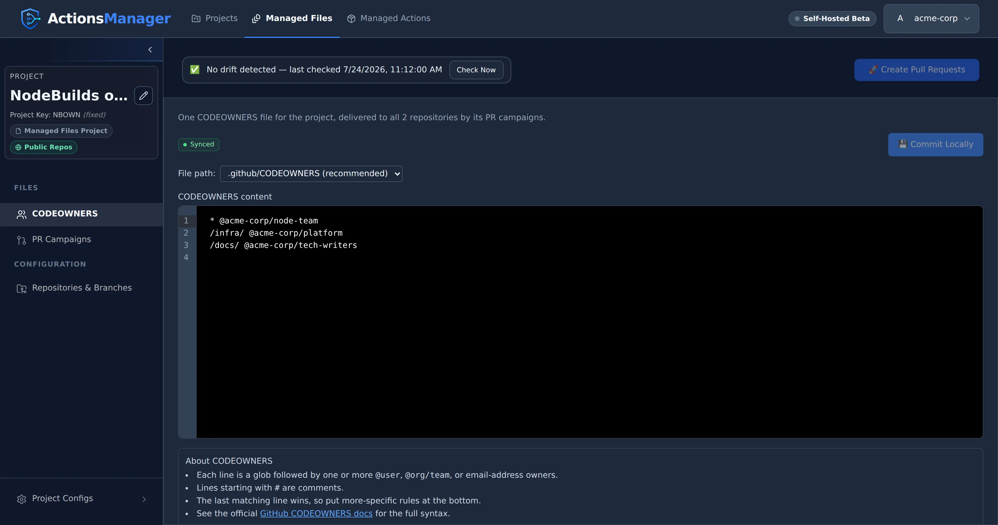 A CODEOWNERS project’s page: the sidebar lists CODEOWNERS, PR Campaigns and Repositories & Branches, and the CODEOWNERS editor shows the file with its path and status, with Commit Locally and Create Pull Requests