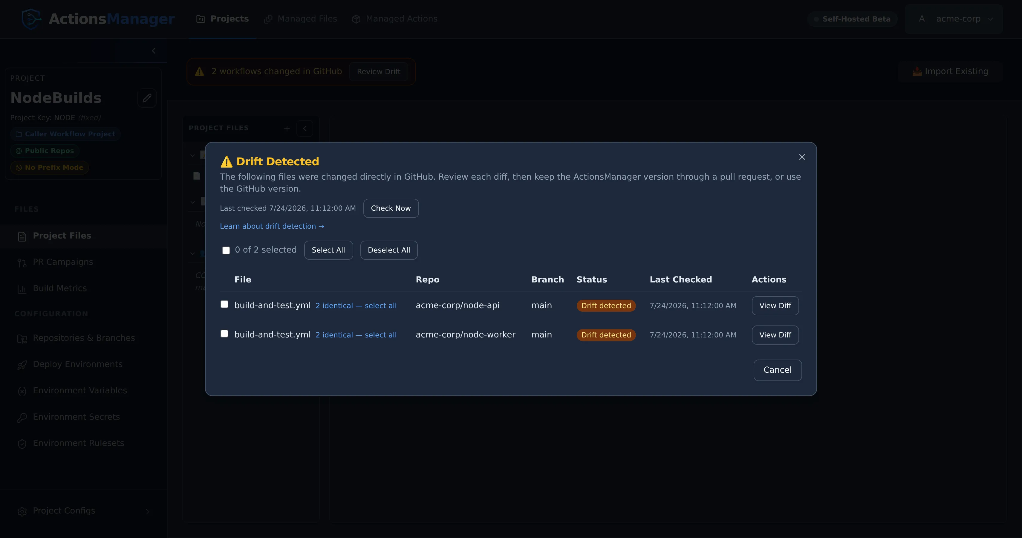 Drift review list with checkboxes and a “2 identical — select all” grouping link