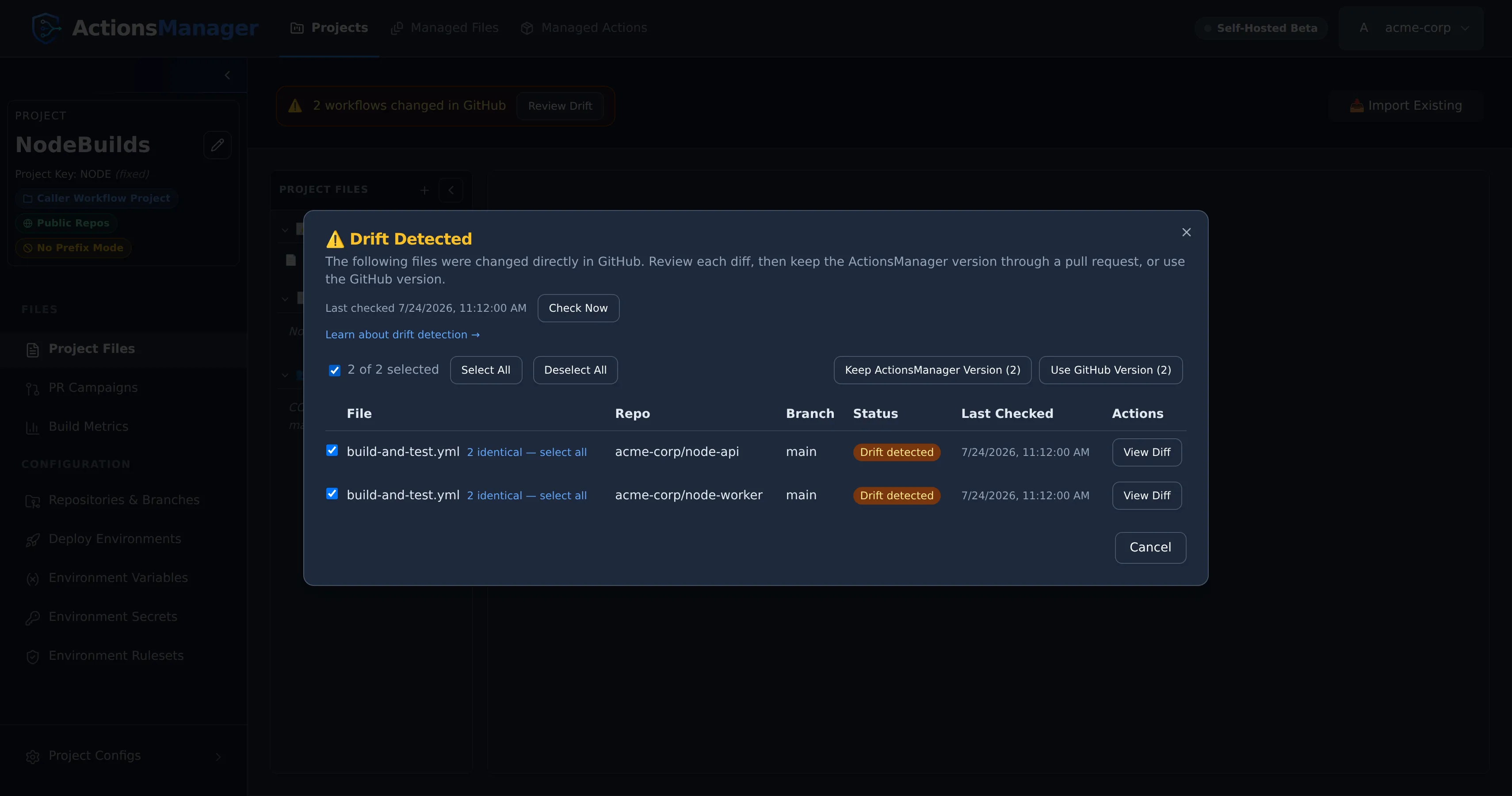 Bulk action toolbar showing 2 of 2 selected, with Keep ActionsManager Version and Use GitHub Version