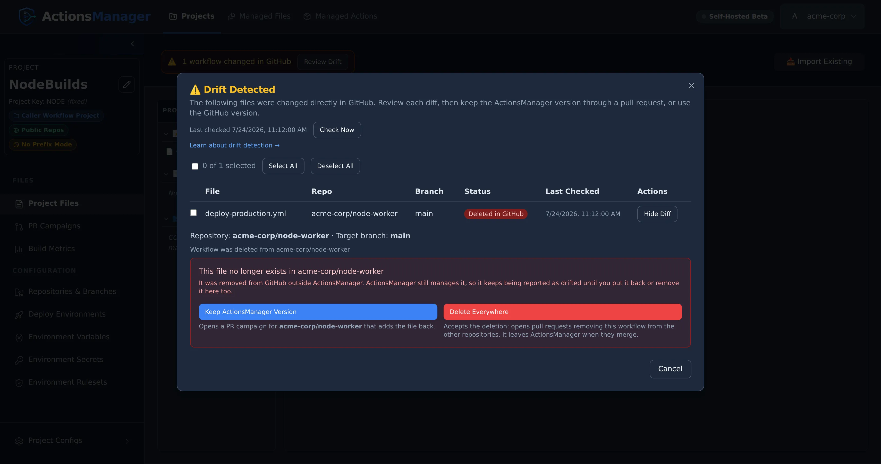Drift review list with a workflow marked “Deleted in GitHub”, showing the Keep ActionsManager Version and Delete Everywhere actions