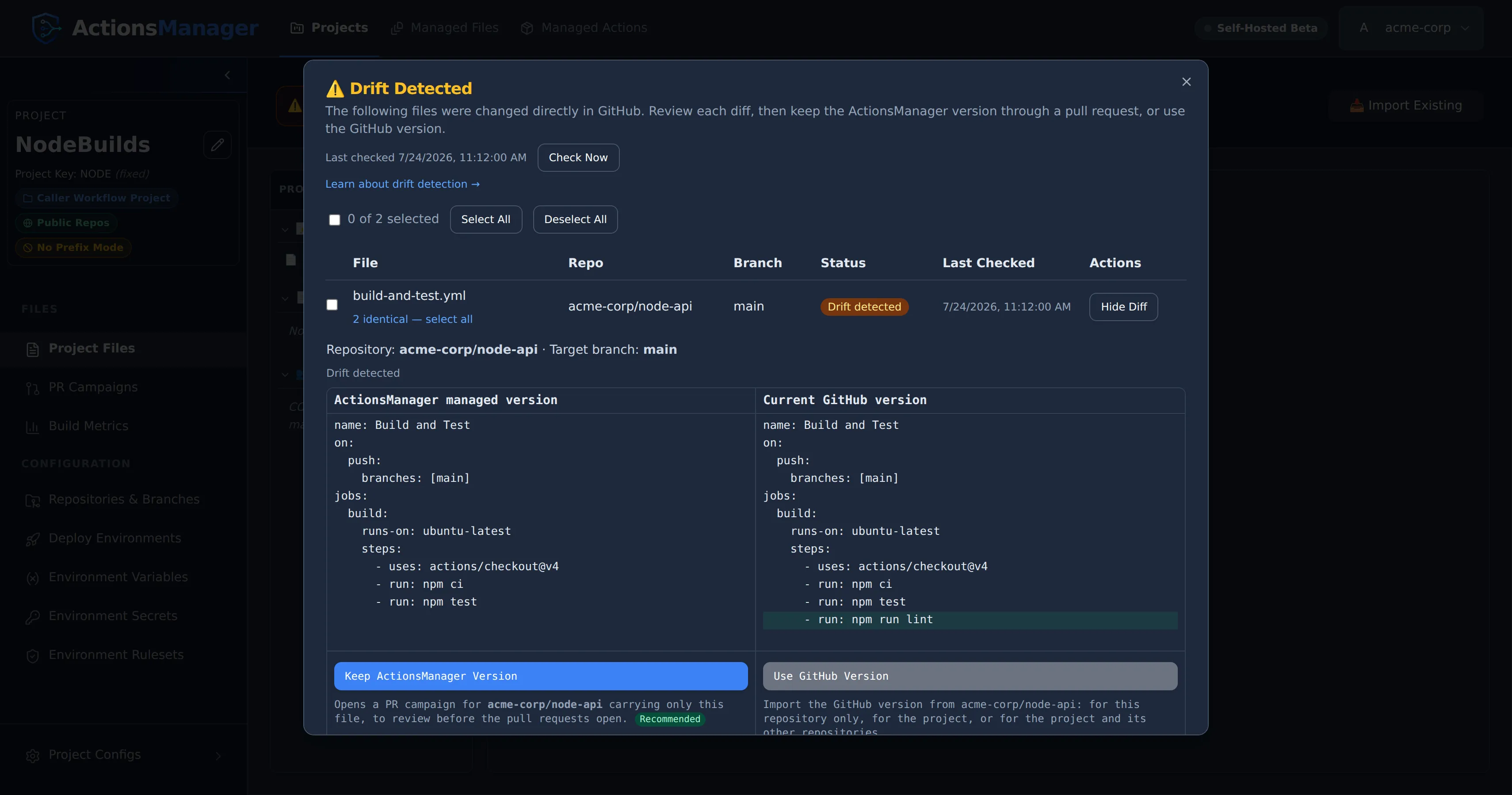 The drift view in ActionsManager comparing the managed workflow with the version changed in GitHub.