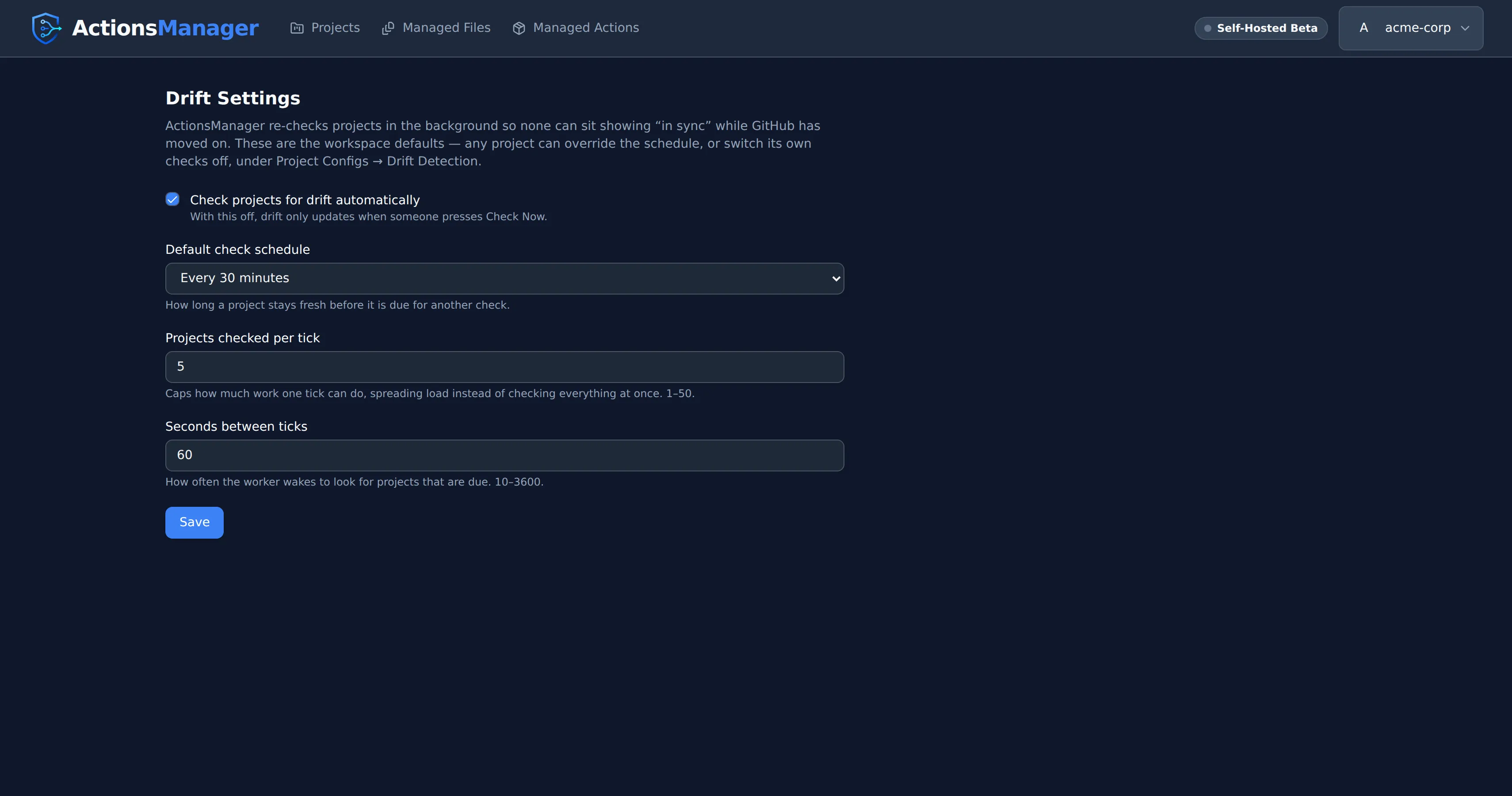 Drift Settings page showing the automatic-check toggle, a default check schedule of every 30 minutes, projects checked per tick, and seconds between ticks