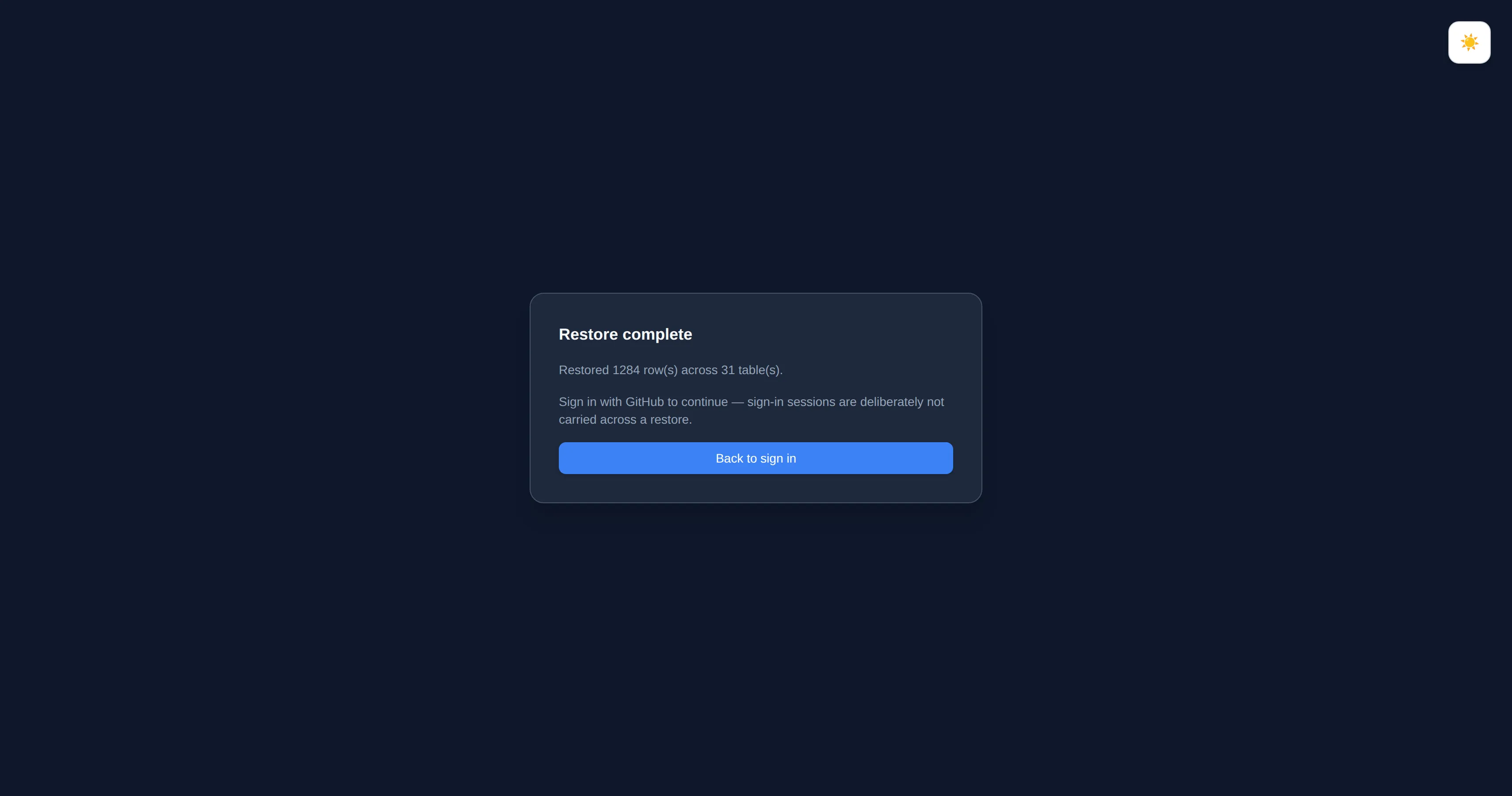 A “Restore complete” panel confirming 1284 rows across 31 tables were restored, explaining that sign-in sessions are deliberately not carried across a restore, and offering a Back to sign in button