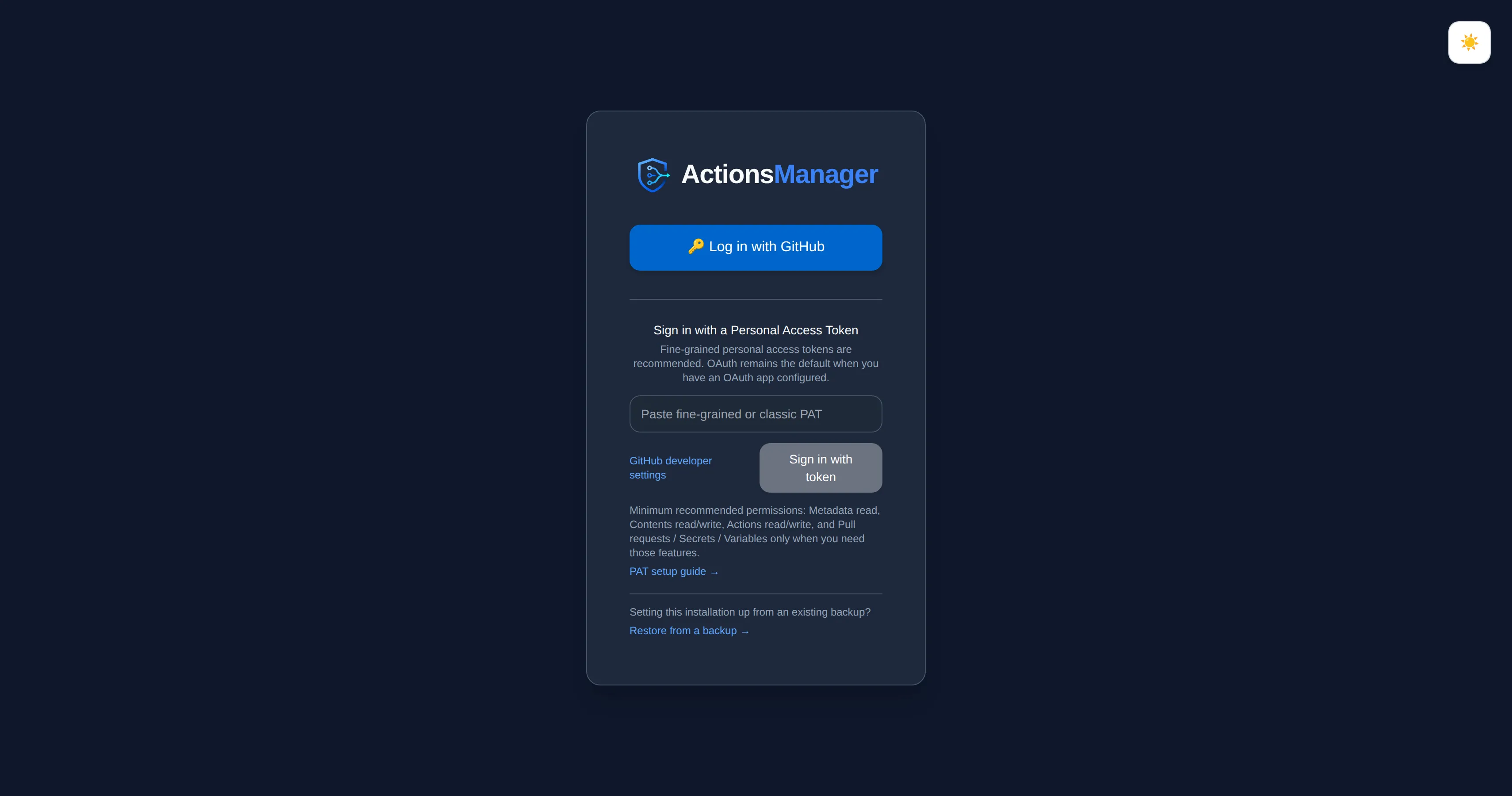 The ActionsManager sign-in screen with GitHub and personal access token options, and beneath them the prompt “Setting this installation up from an existing backup?” with a “Restore from a backup” link