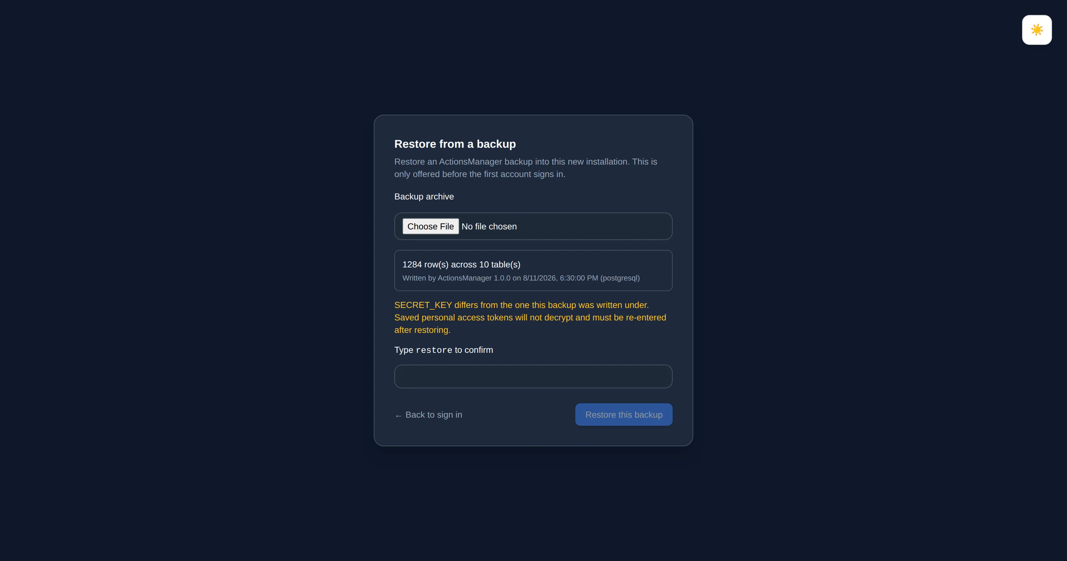 The same restore screen showing an amber warning that SECRET_KEY differs from the one the backup was written under and that saved personal access tokens will not decrypt and must be re-entered