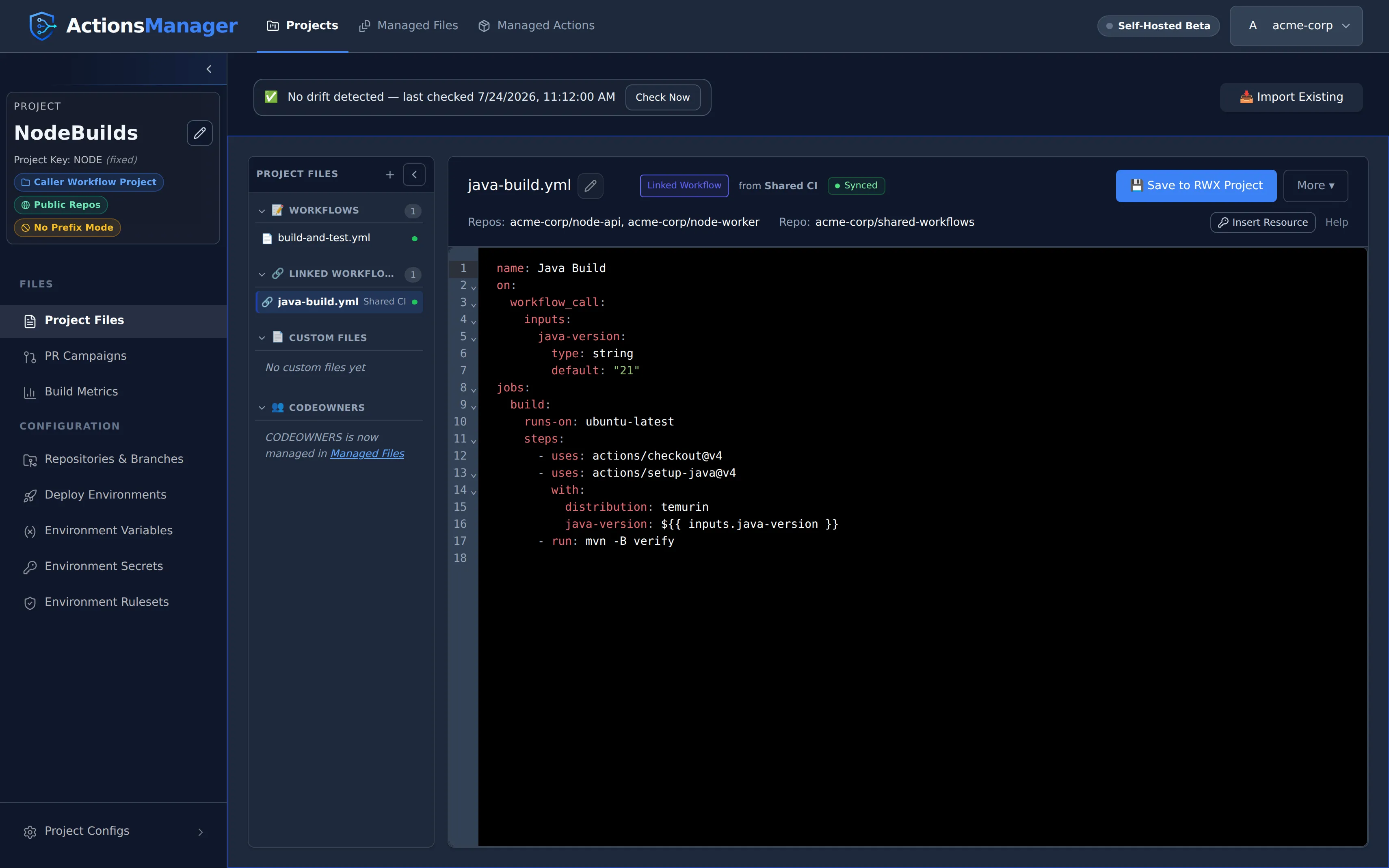 A caller project in ActionsManager with java-build.yml linked in from the Shared CI Reusable Workflow Project, open in the editor.