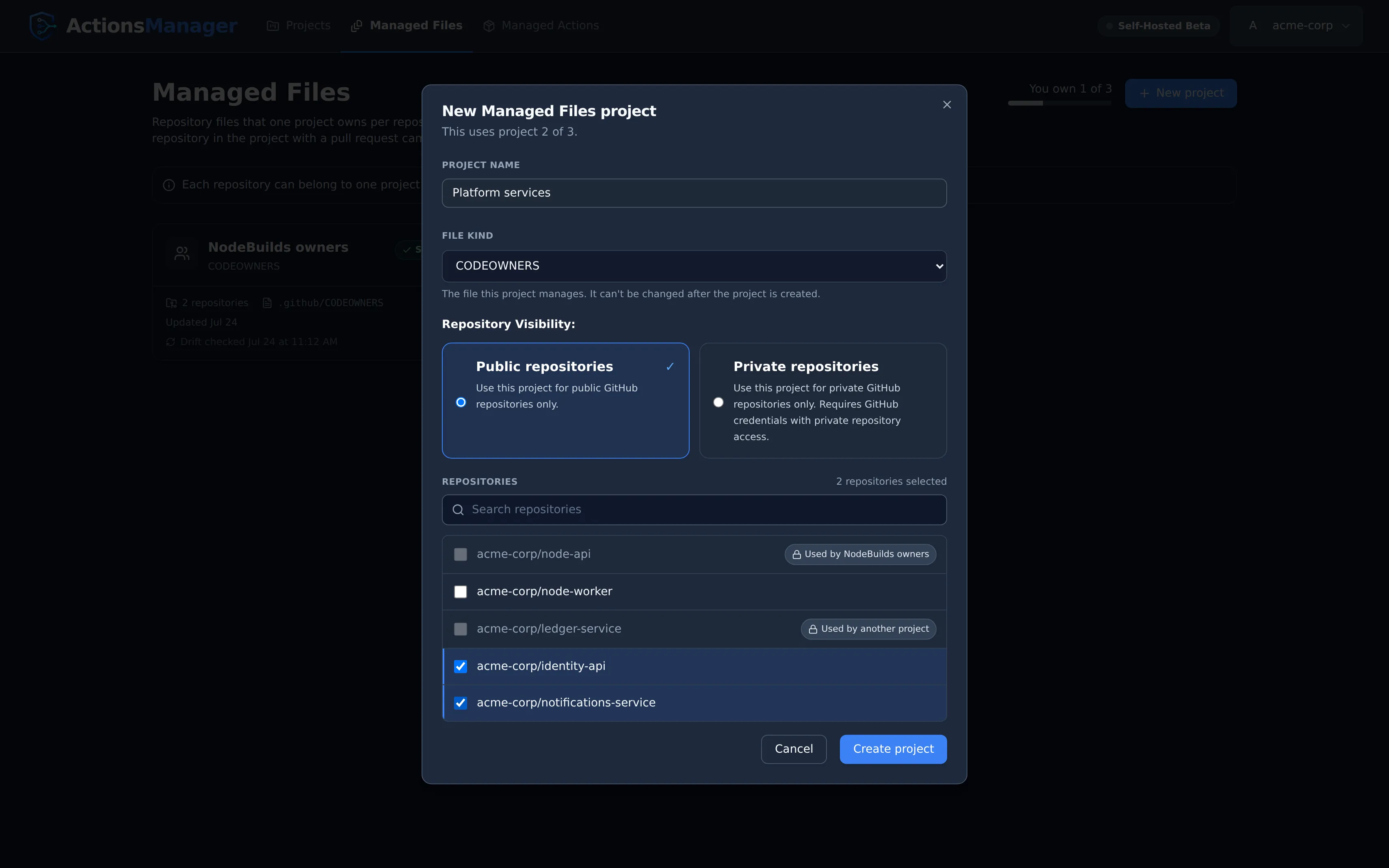 The New Managed Files project dialog: project name, file kind CODEOWNERS, public repositories, and a repository list where two repositories are locked with “Used by NodeBuilds owners” and “Used by another project”