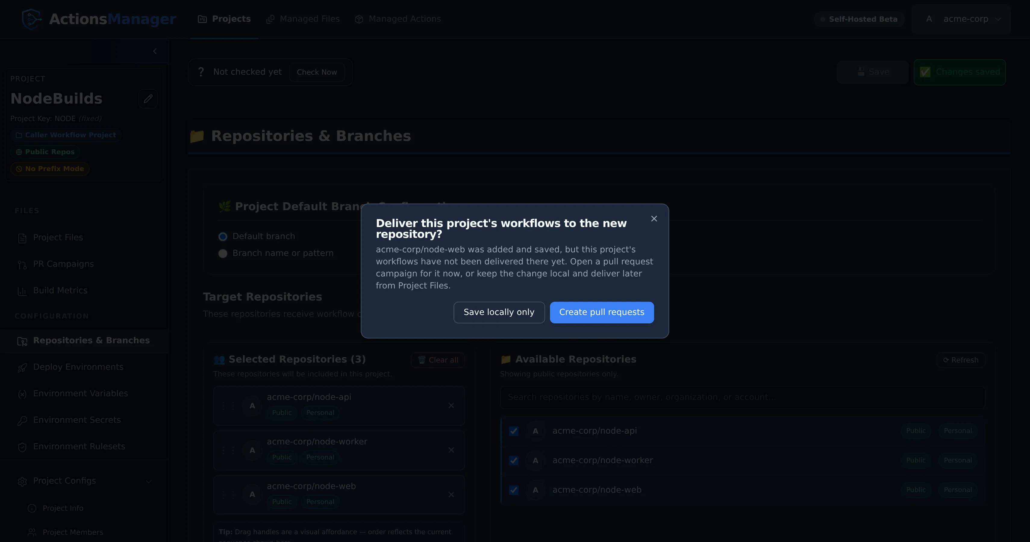 Prompt asking whether to deliver the project’s workflows to a newly added repository, offering Save locally only or Create pull requests