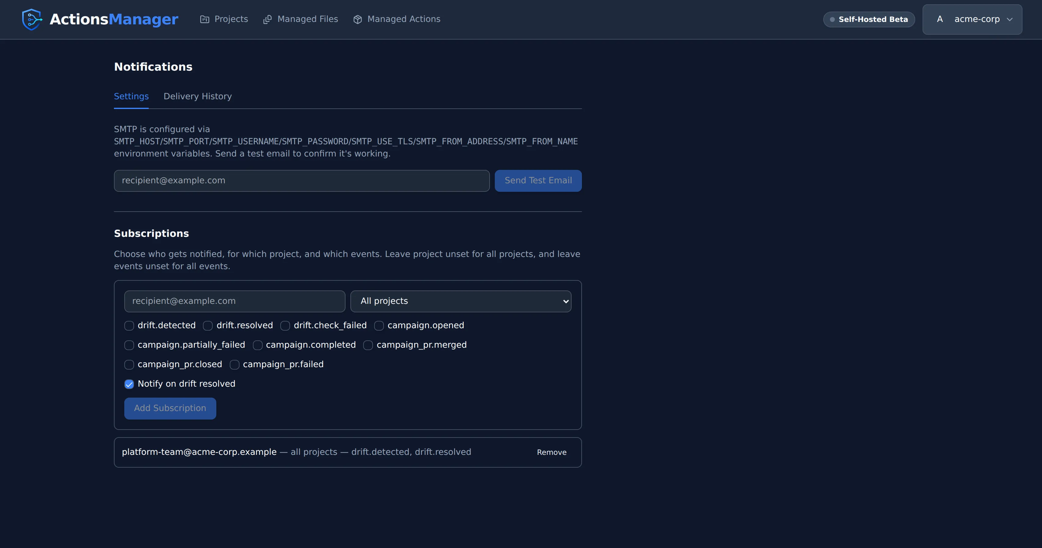 Notifications settings page showing the test email form, a subscription, and delivery history