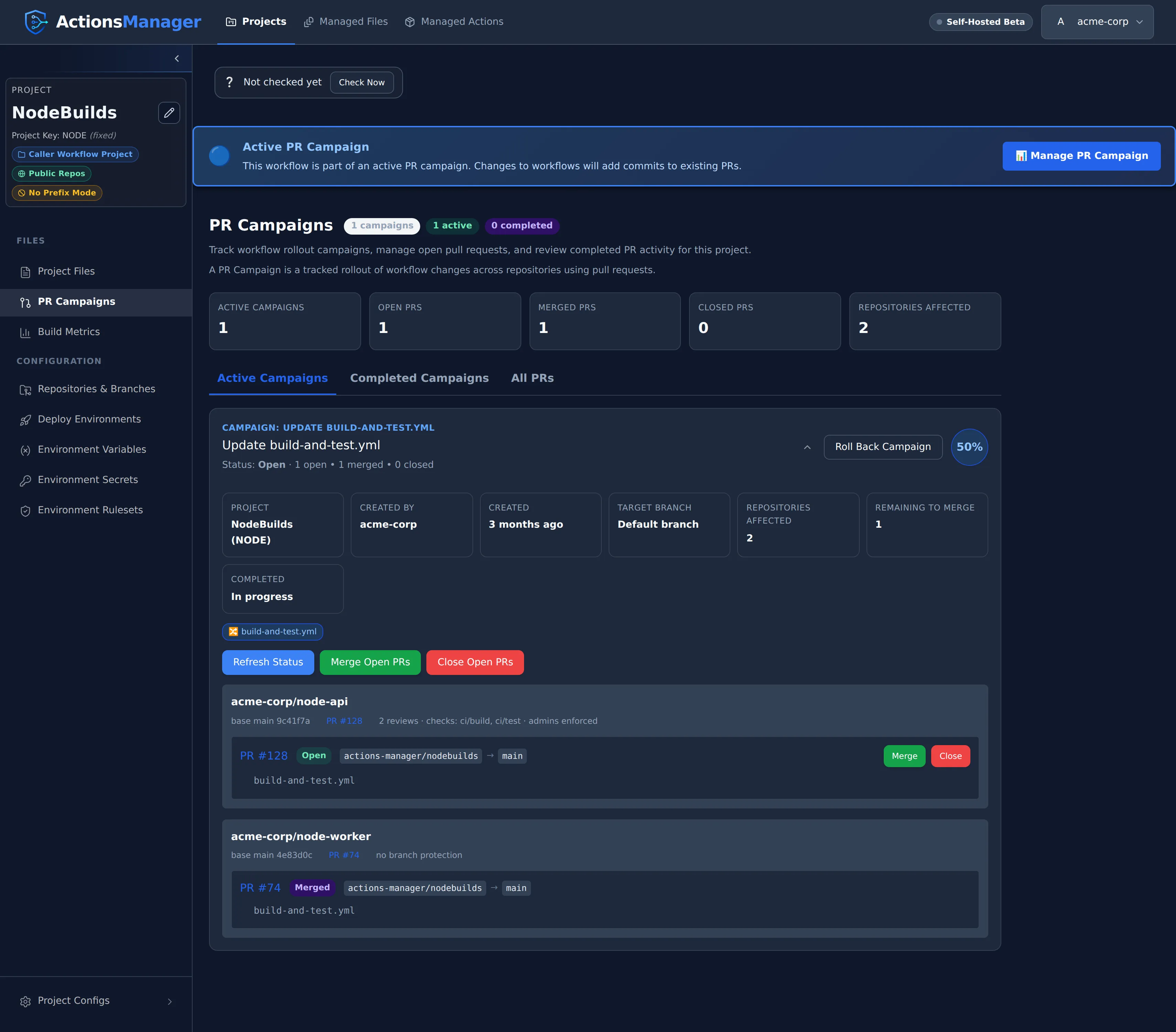 A PR campaign in ActionsManager tracking open and merged pull requests across two repositories.