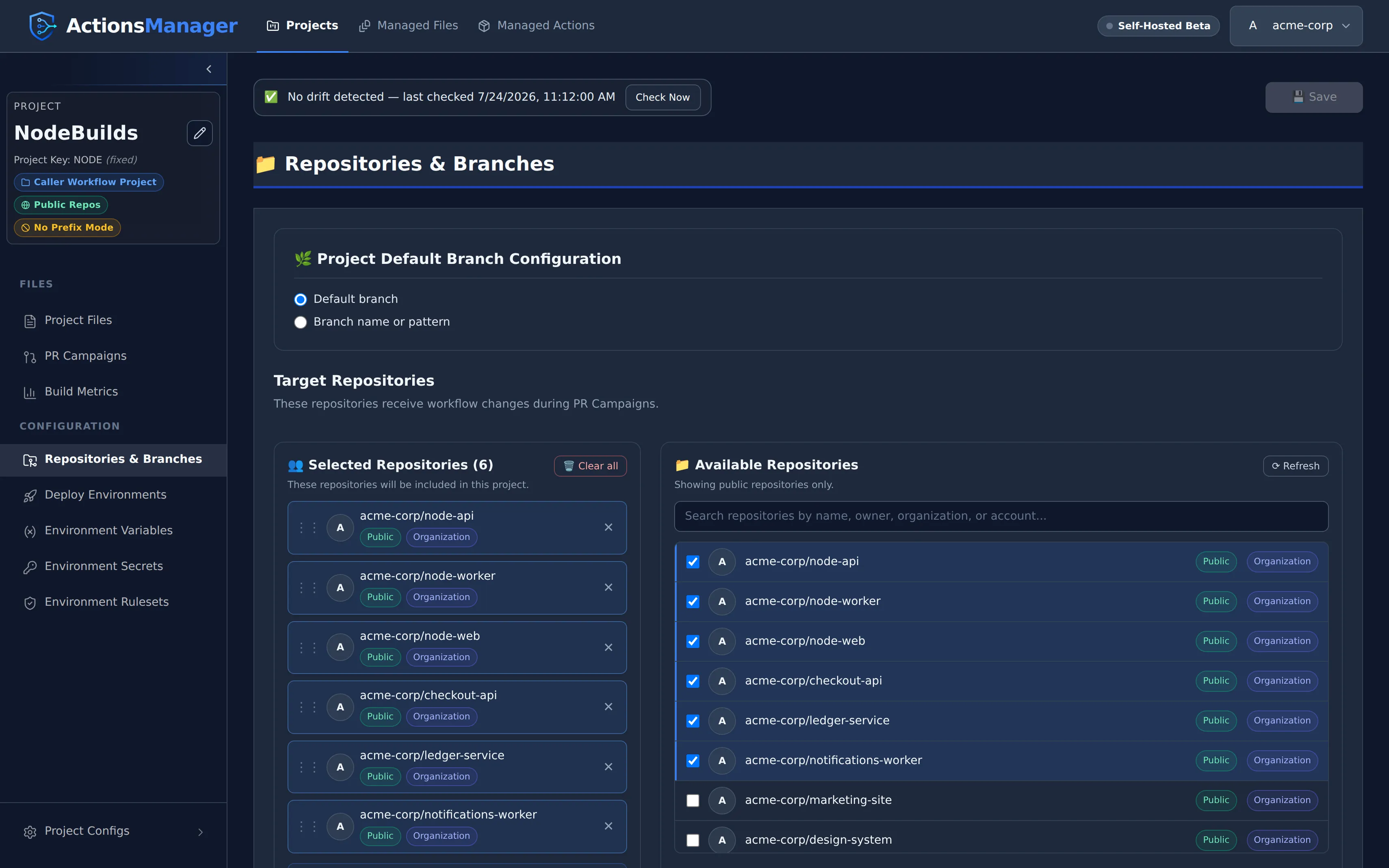 The NodeBuilds project in ActionsManager, with six target repositories selected on its Repositories & Branches page.