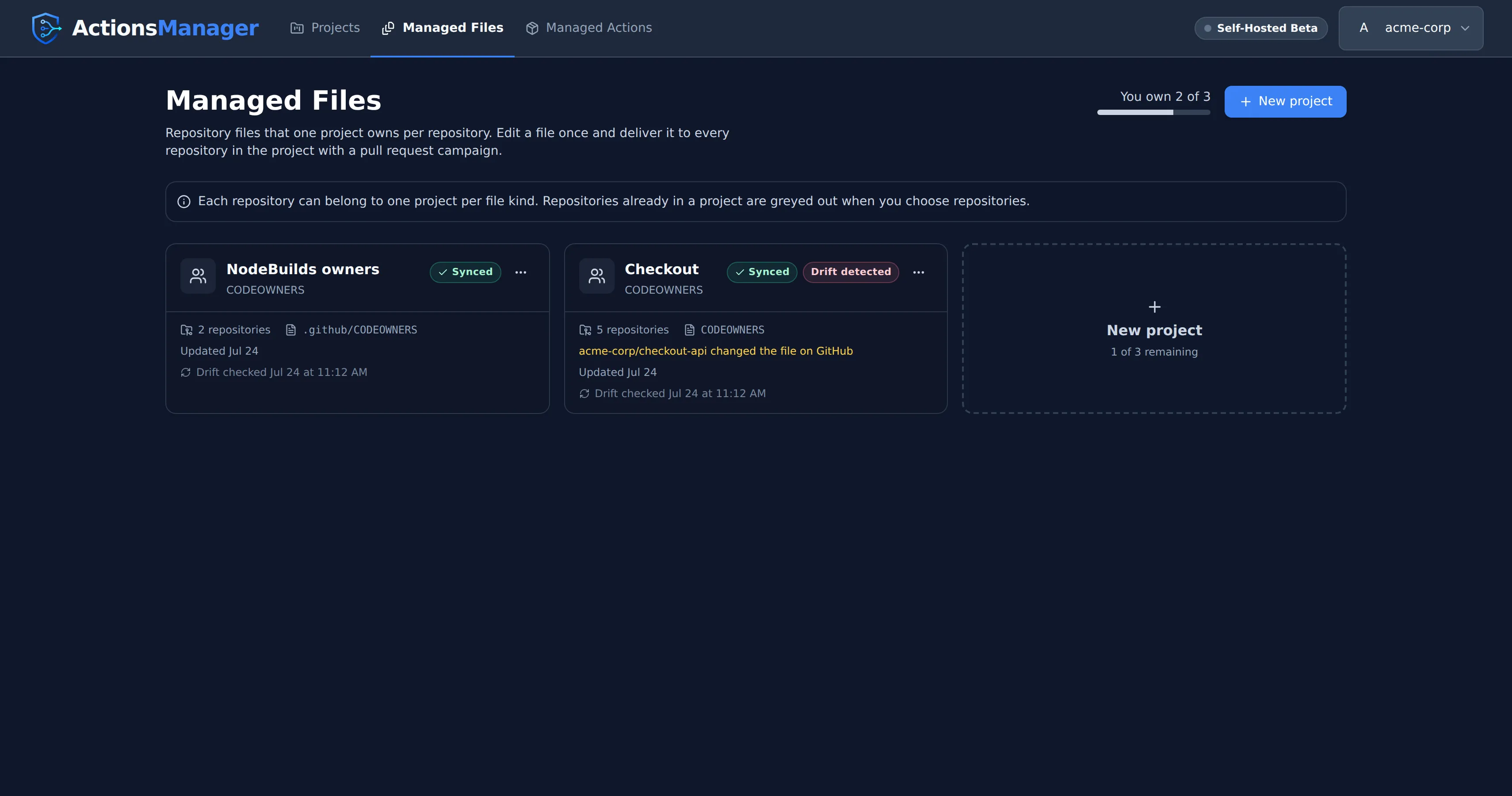 The Managed Files section: “You own 2 of 3” with a meter, a New project button, a note that each repository can belong to one project per file kind, two CODEOWNERS project cards with their state, repository count, file path and drift, and a dashed card reading “New project, 1 of 3 remaining”
