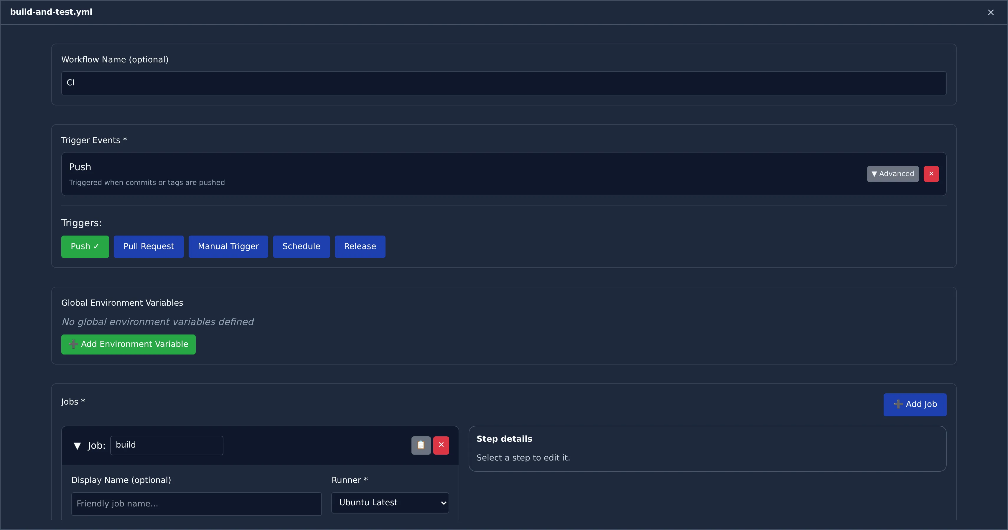 The workflow editor expanded to full screen in GUI mode, showing the workflow name, trigger events, and the job list beside the step details panel