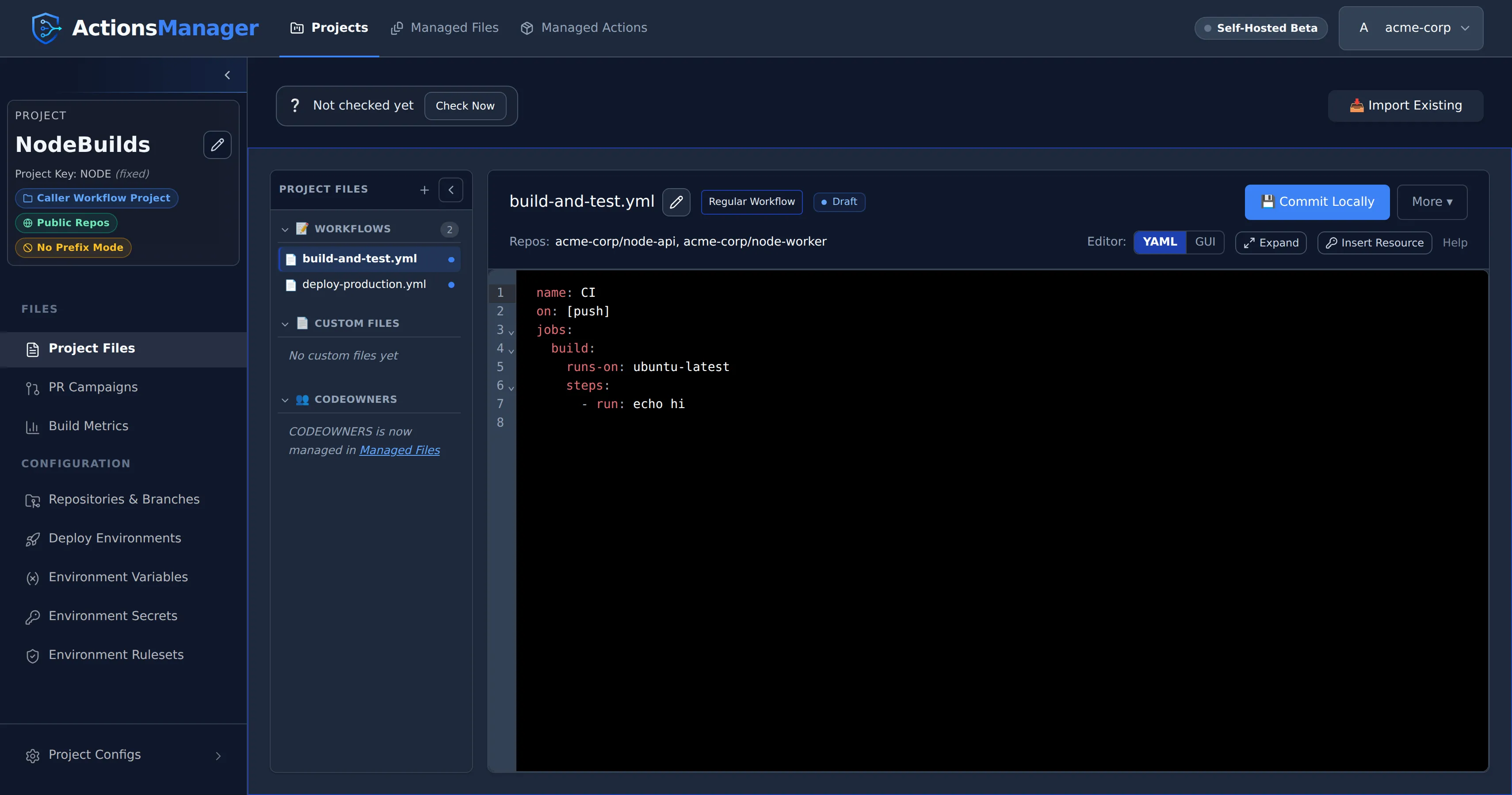 Workflow page view showing the project file browser and YAML editor