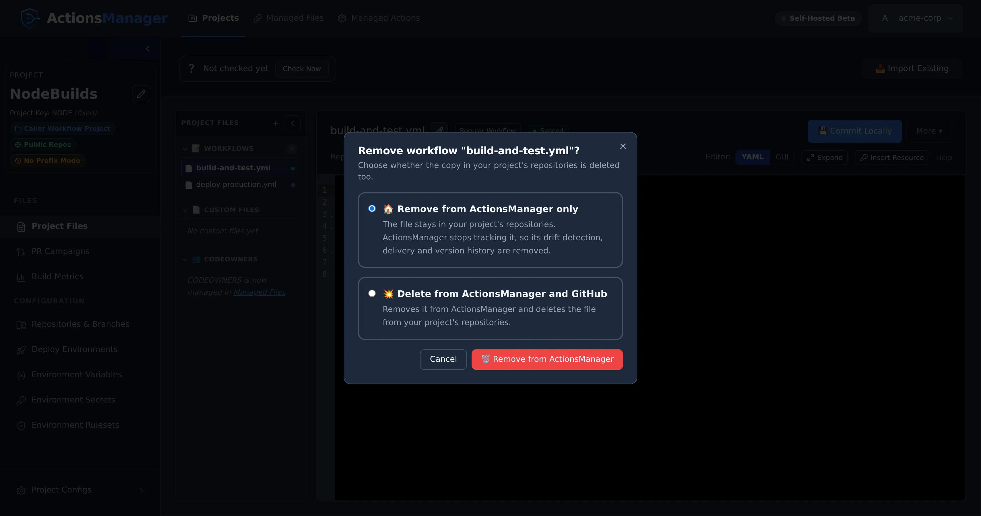 The removal dialog for a workflow, offering “Remove from ActionsManager only” and “Delete from ActionsManager and GitHub”