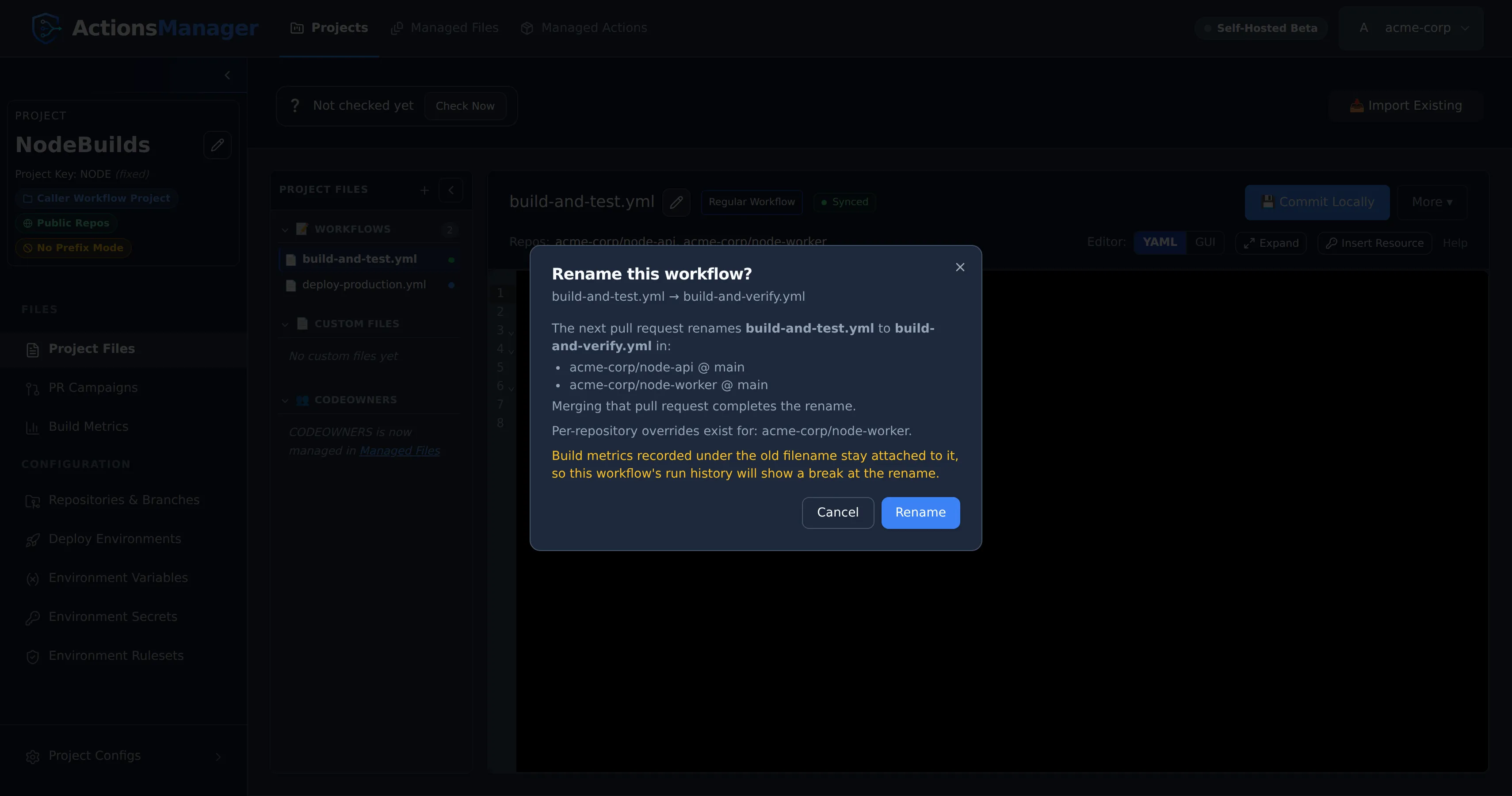 The rename confirmation dialog: the repositories and branches the next pull request renames the file in, the per-repository override, and the build-metrics warning