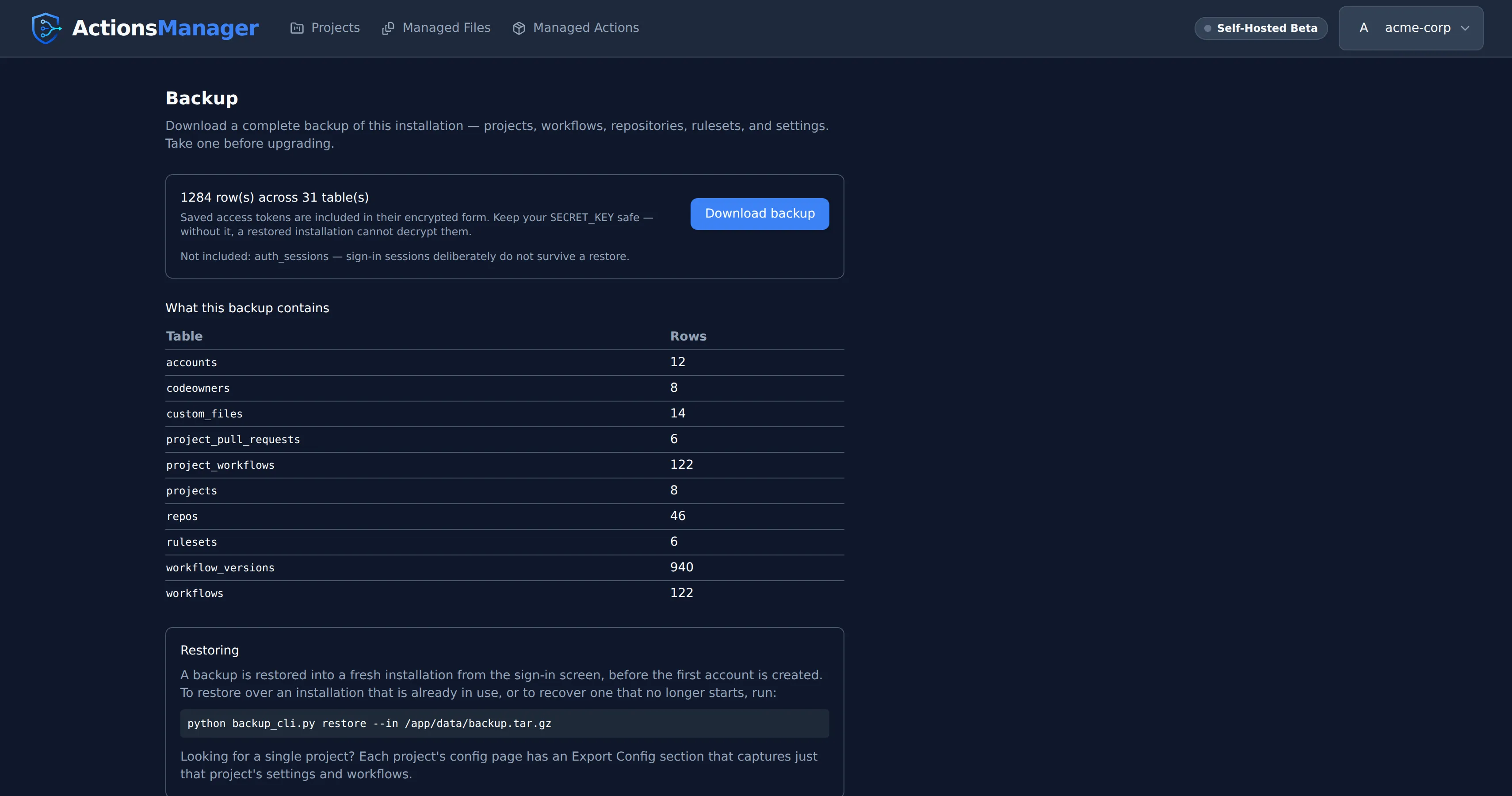 The workspace Backup page showing 1284 rows across 31 tables, a Download backup button, a note that saved access tokens are included in encrypted form and SECRET_KEY must be kept safe, and a table listing each backed-up table with its row count