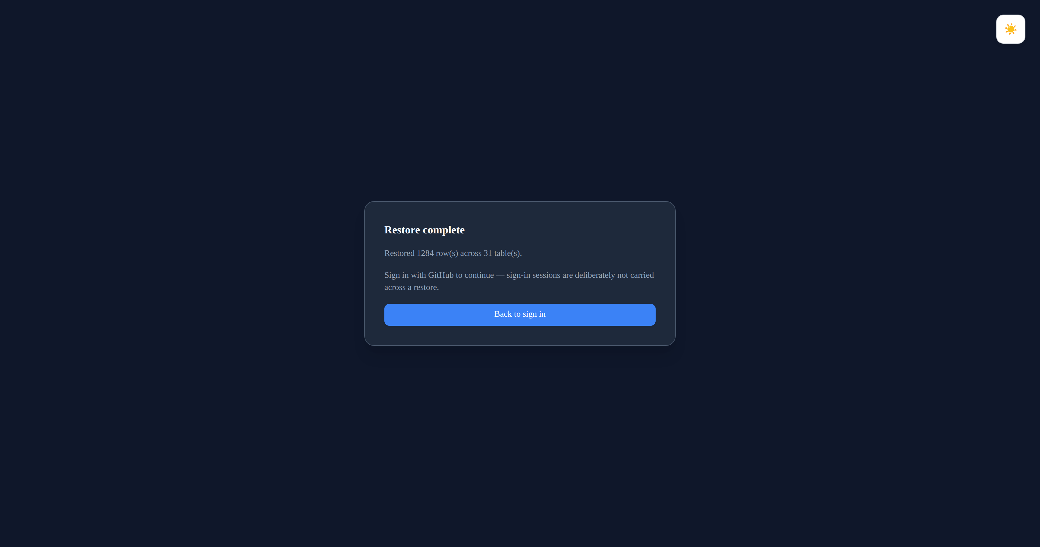 A "Restore complete" panel confirming 1284 rows across 31 tables were restored, explaining that sign-in sessions are deliberately not carried across a restore, and offering a Back to sign in button