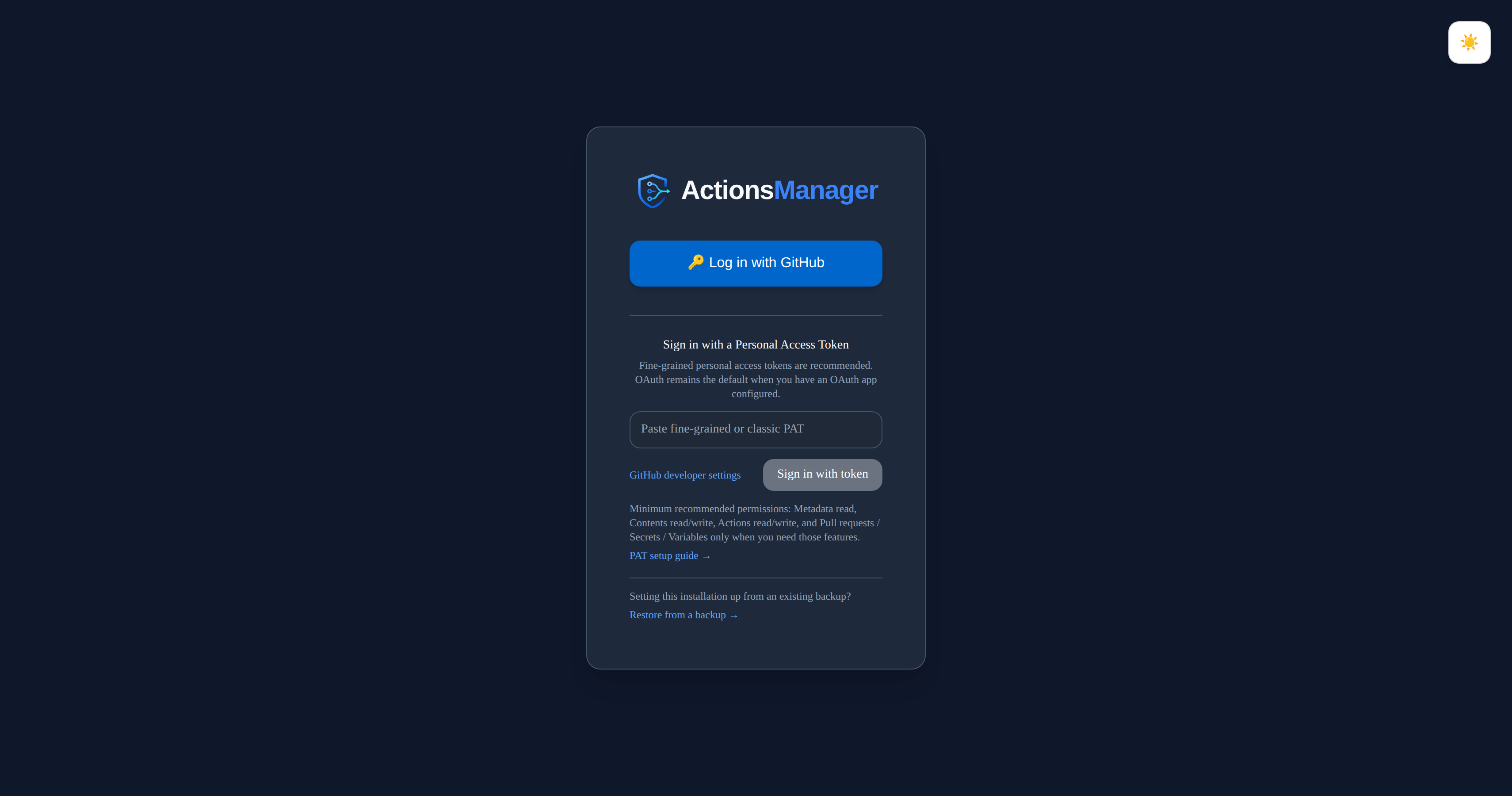 The ActionsManager sign-in screen with GitHub and personal access token options, and beneath them the prompt "Setting this installation up from an existing backup?" with a "Restore from a backup" link