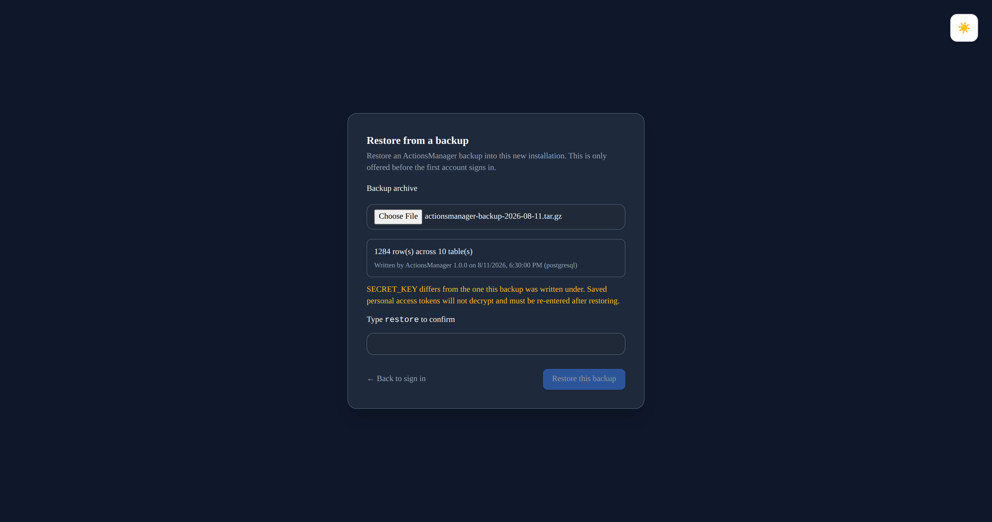 The same restore screen showing an amber warning that SECRET_KEY differs from the one the backup was written under and that saved personal access tokens will not decrypt and must be re-entered