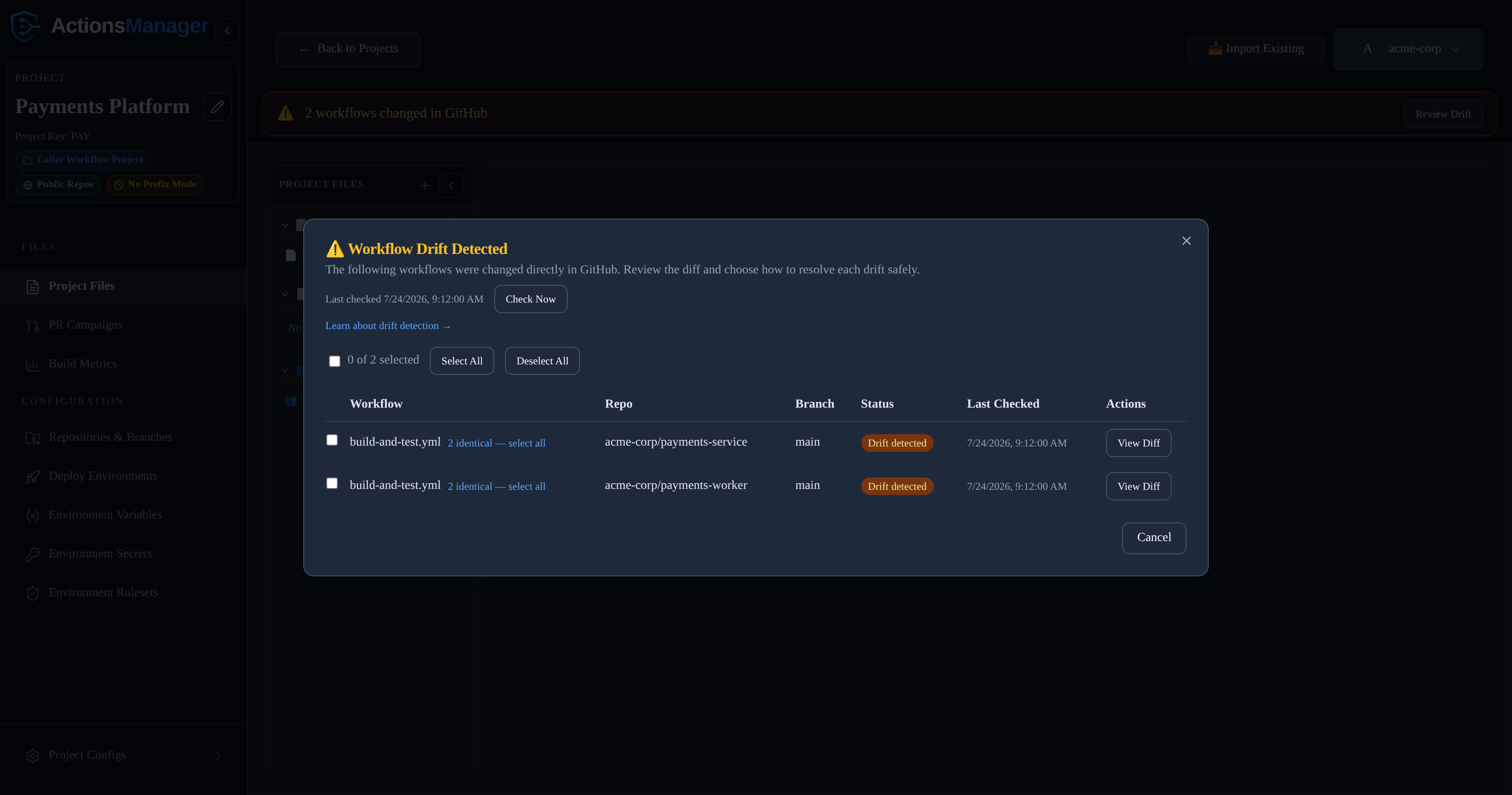 Drift review list with checkboxes and a "2 identical — select all" grouping link