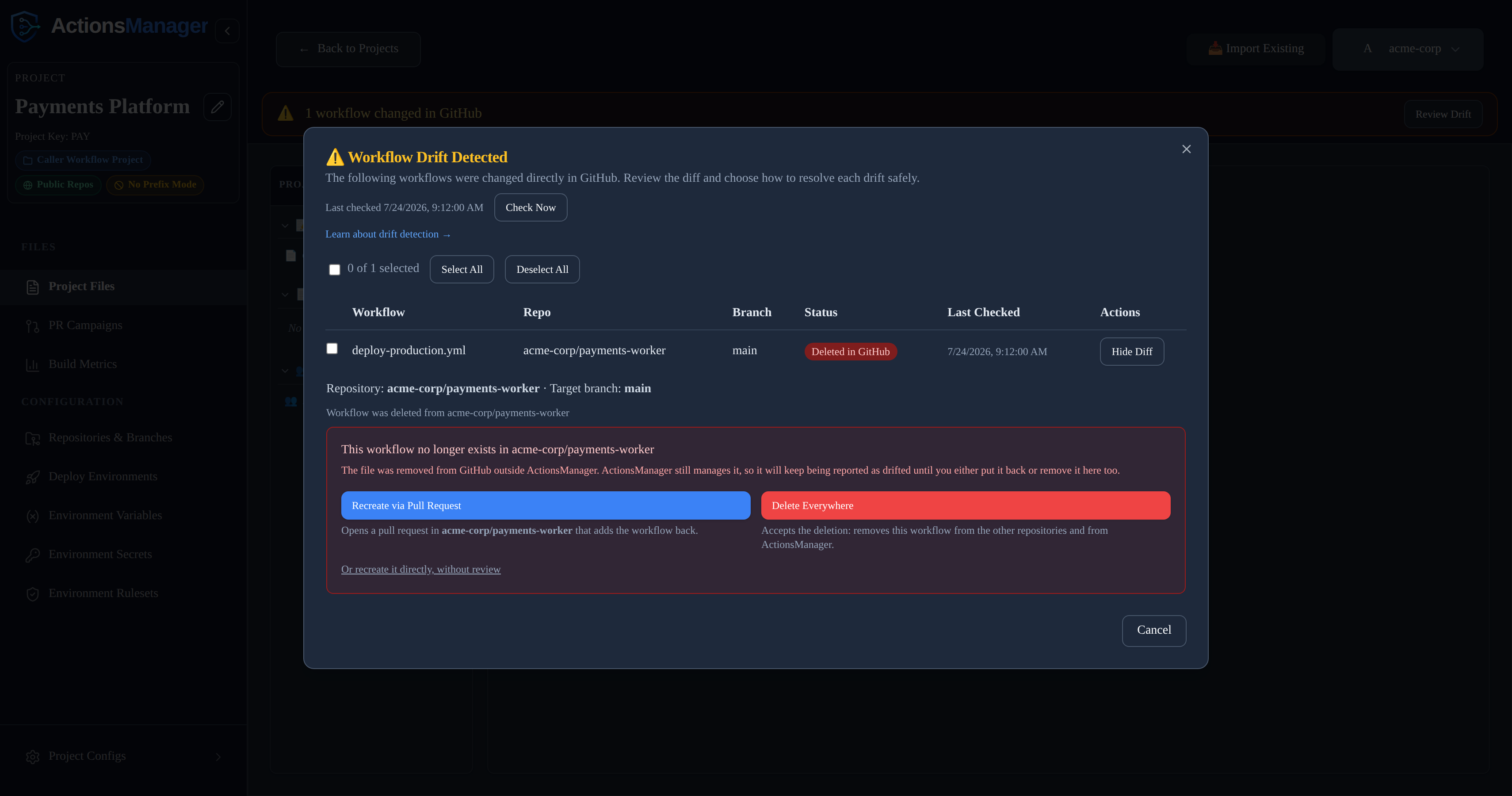 Drift review list with a workflow marked "Deleted in GitHub", showing the Recreate via Pull Request and Delete Everywhere actions