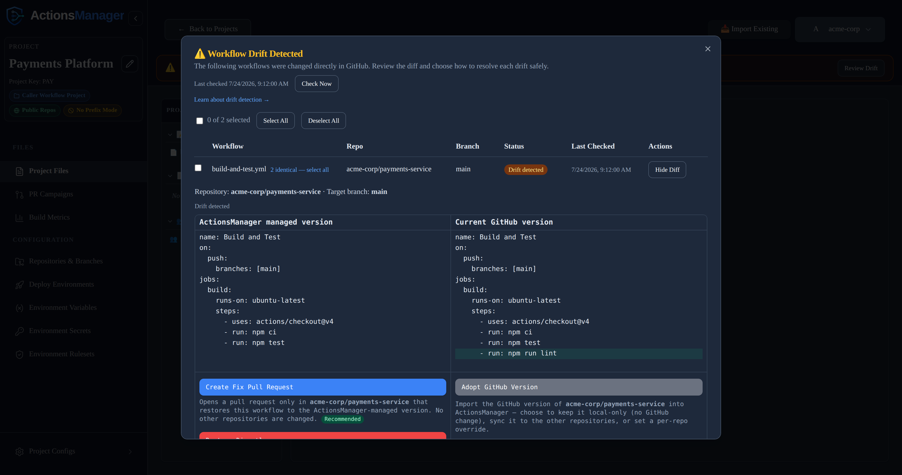 Side-by-side diff showing an npm run lint step added directly in GitHub, highlighted against the ActionsManager managed version