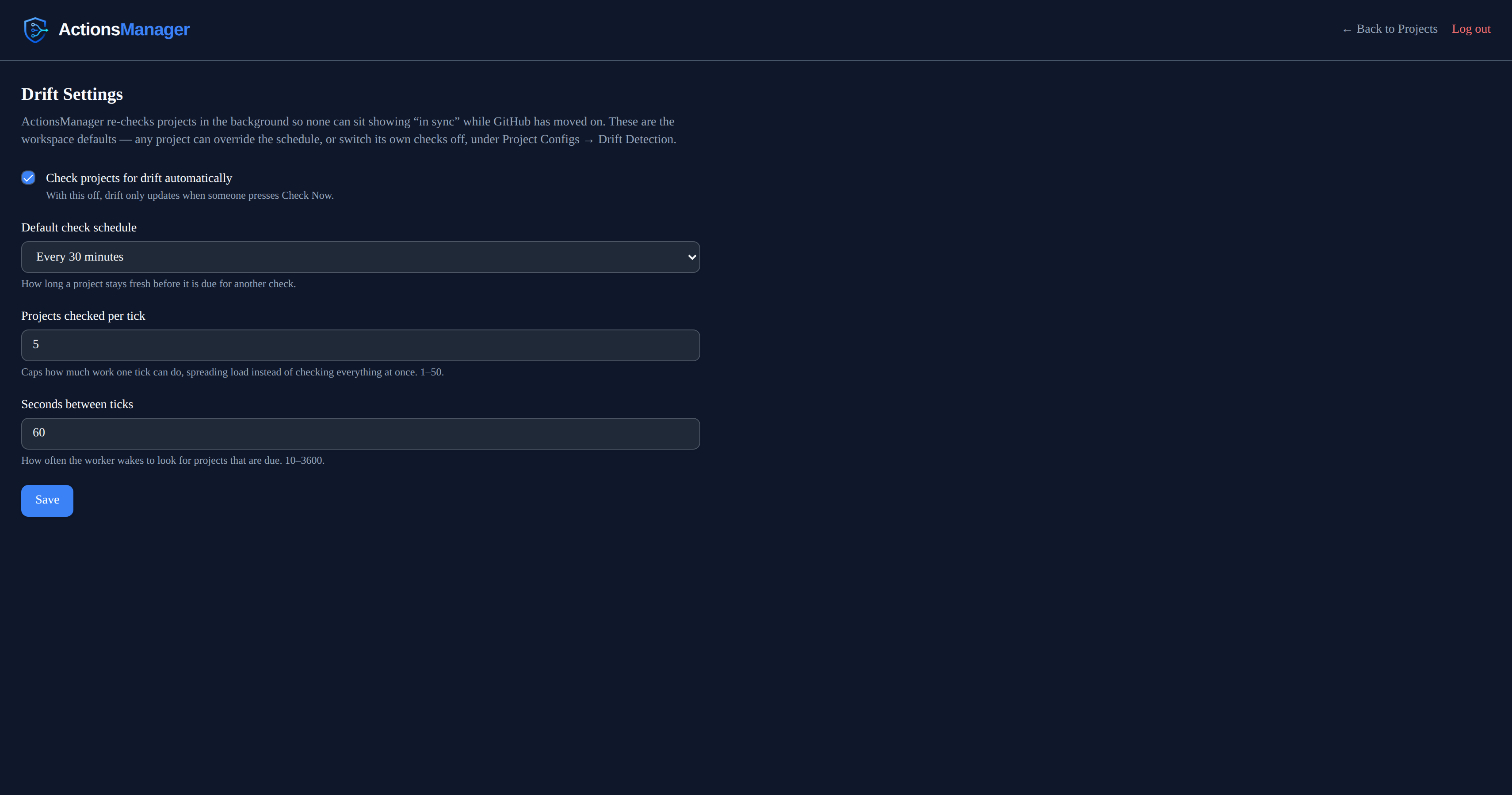 Drift Settings page showing the automatic-check toggle, a default check schedule of every 30 minutes, projects checked per tick, and seconds between ticks