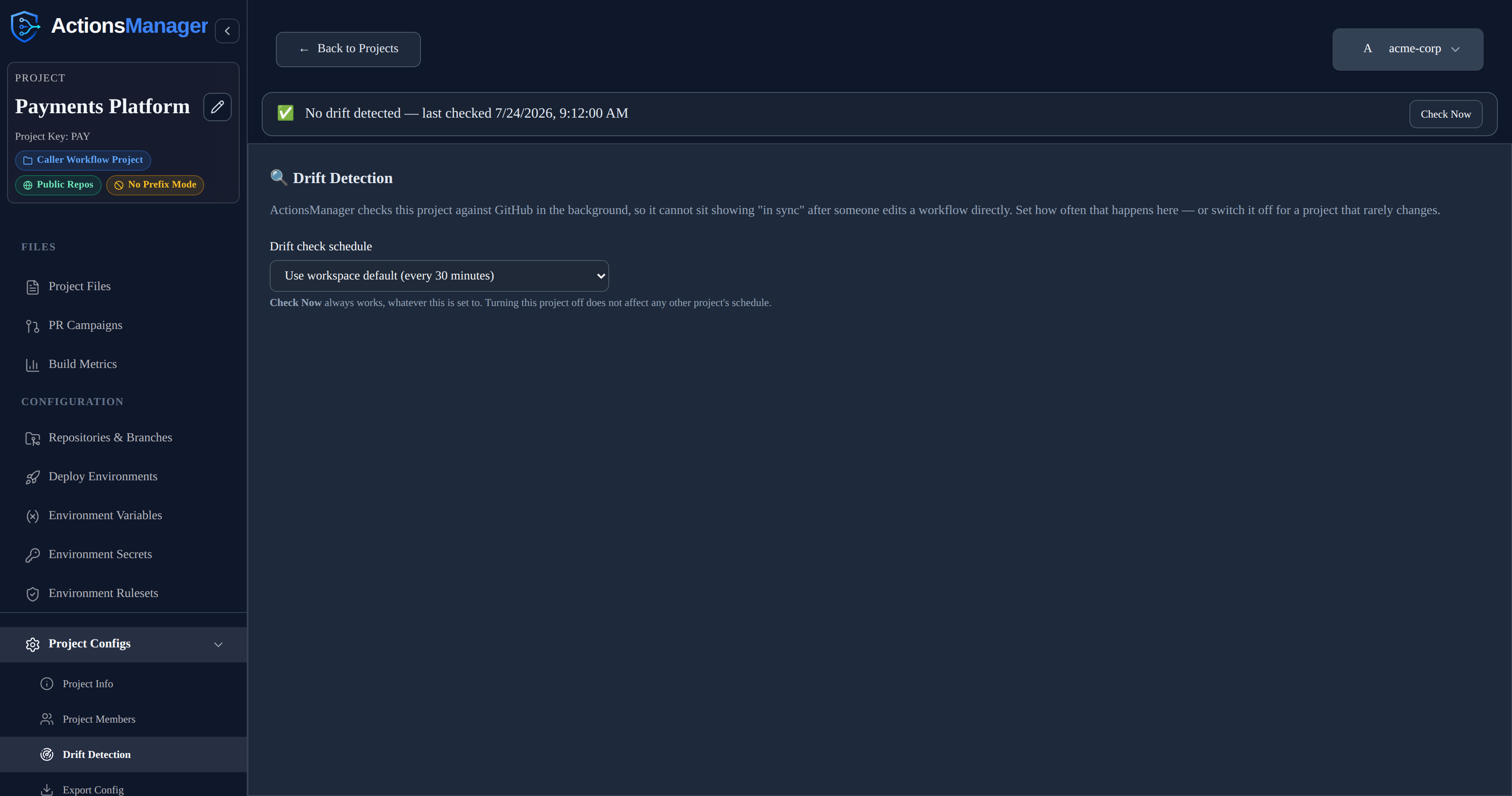 The Drift Detection section under a project's Project Configs, showing the drift check schedule set to "Use workspace default (every 30 minutes)"