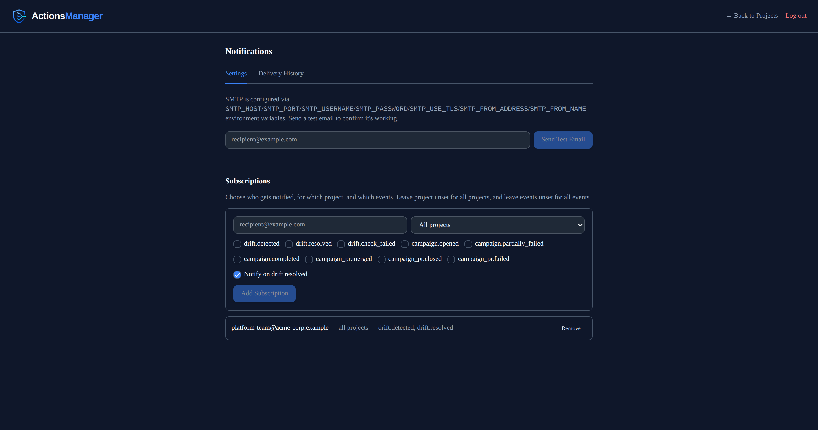 Notifications settings page showing the test email form, a subscription, and delivery history