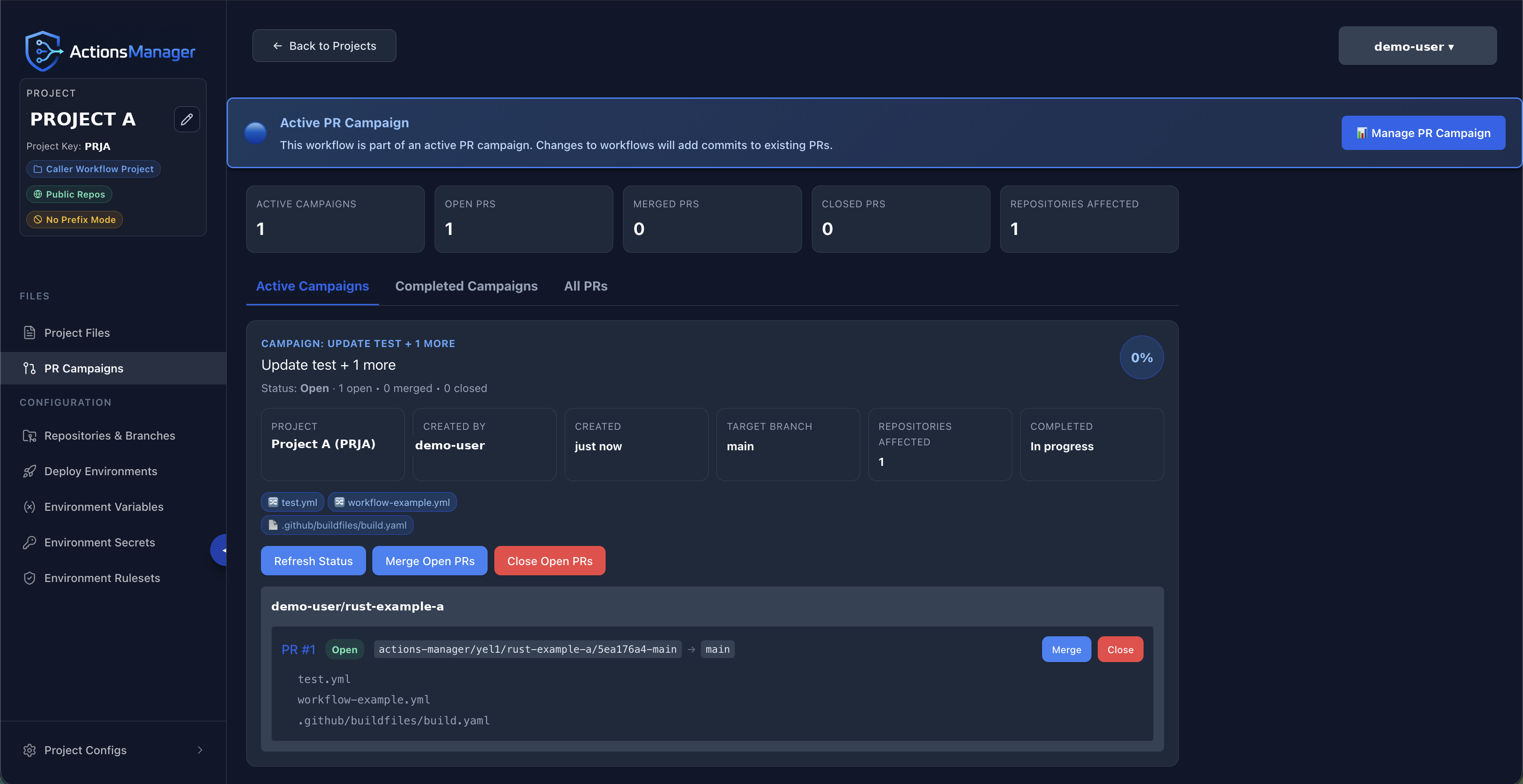 PR campaign dashboard showing campaign stats, status, and per-repository pull requests