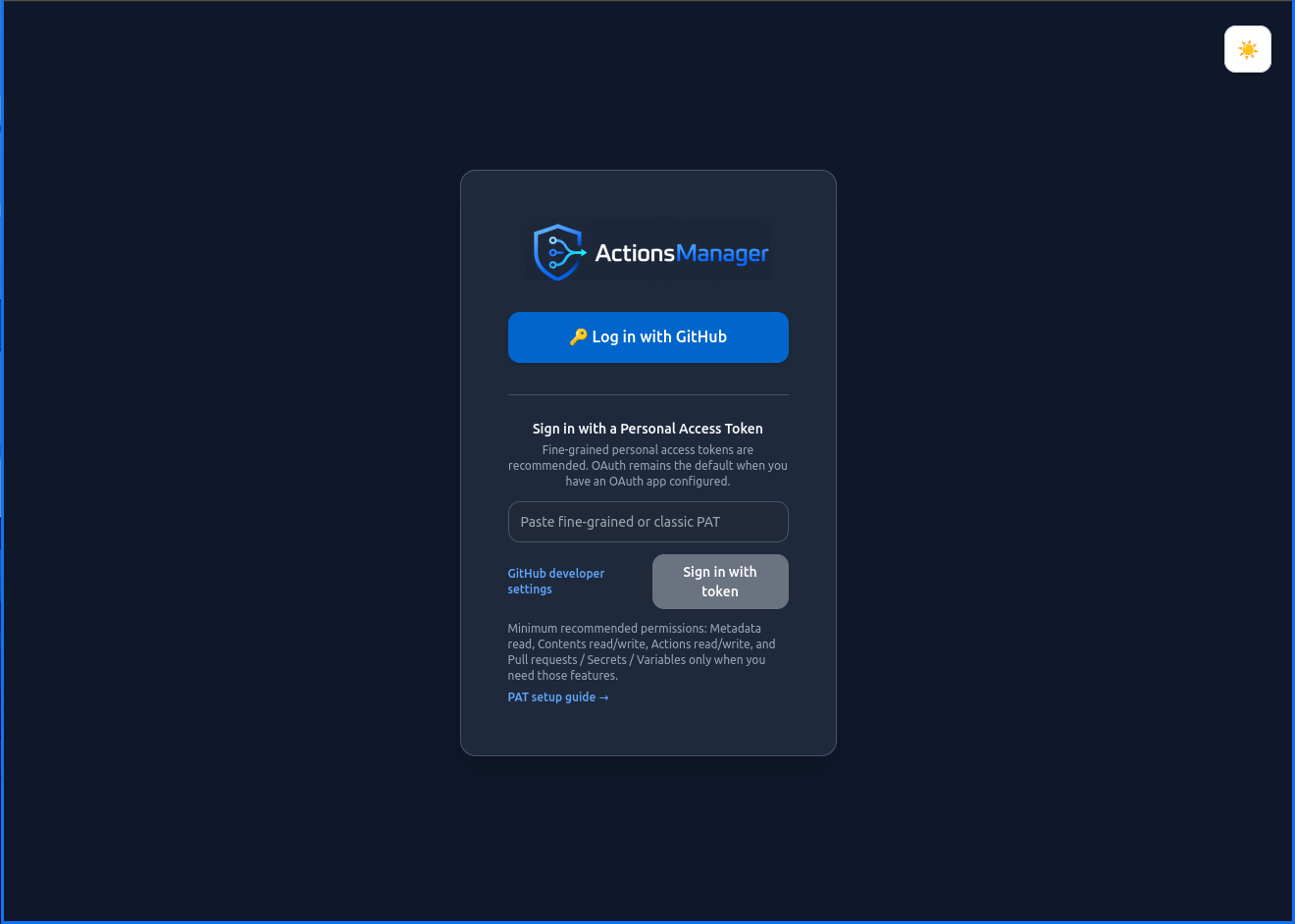 Login screen showing the PAT sign-in area alongside the GitHub OAuth option