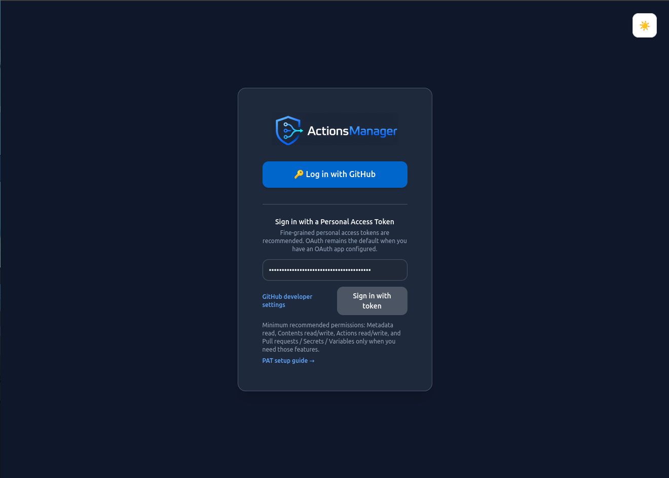 Login screen with a Personal Access Token entered in the token field, ready to sign in
