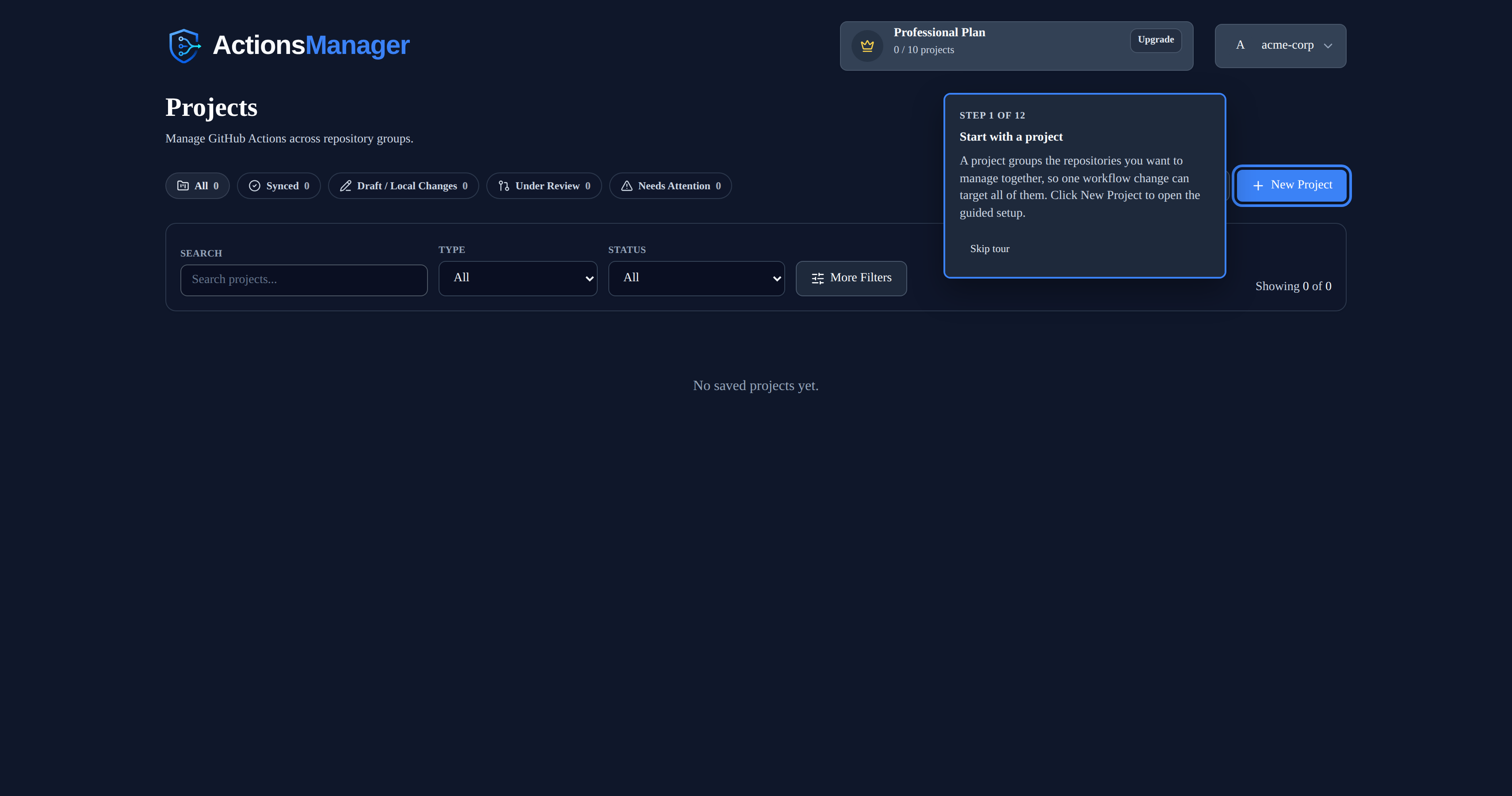 Guided tour highlighting the New Project button with an explanation beside it