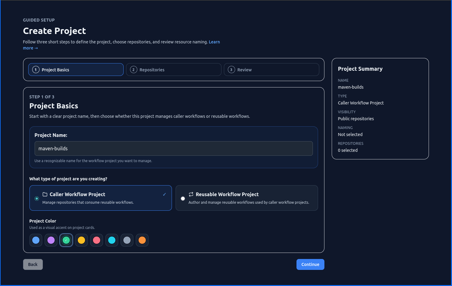 Create Project — Project Basics showing project name field, Caller Workflow Project vs Reusable Workflow Project selection, and color picker