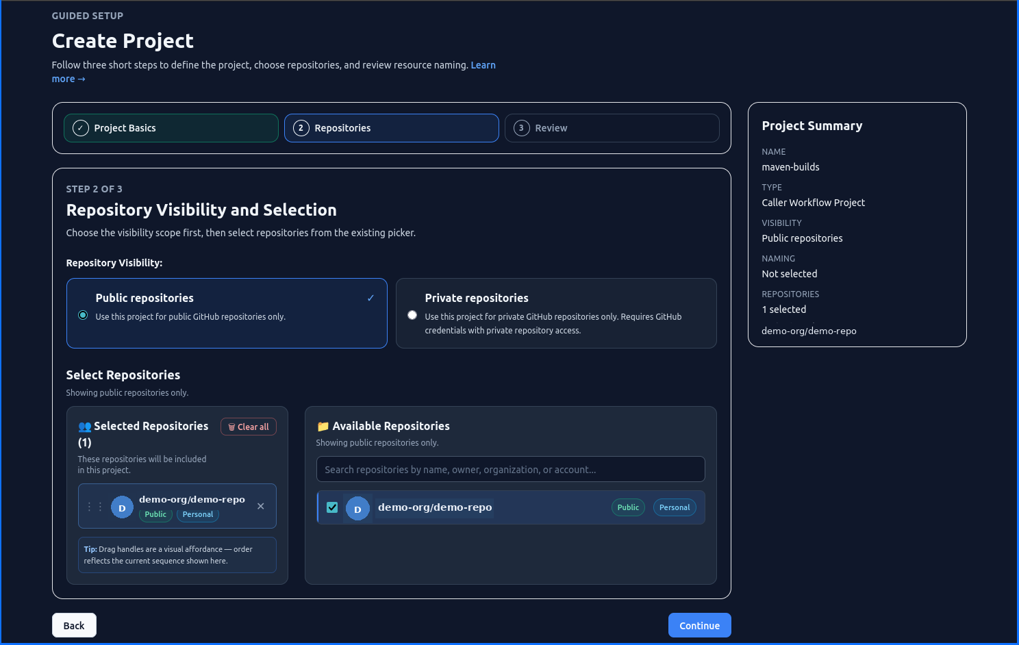 Create Project — Repository Visibility and Selection showing public/private toggle, repository selection list, and selected repository summary